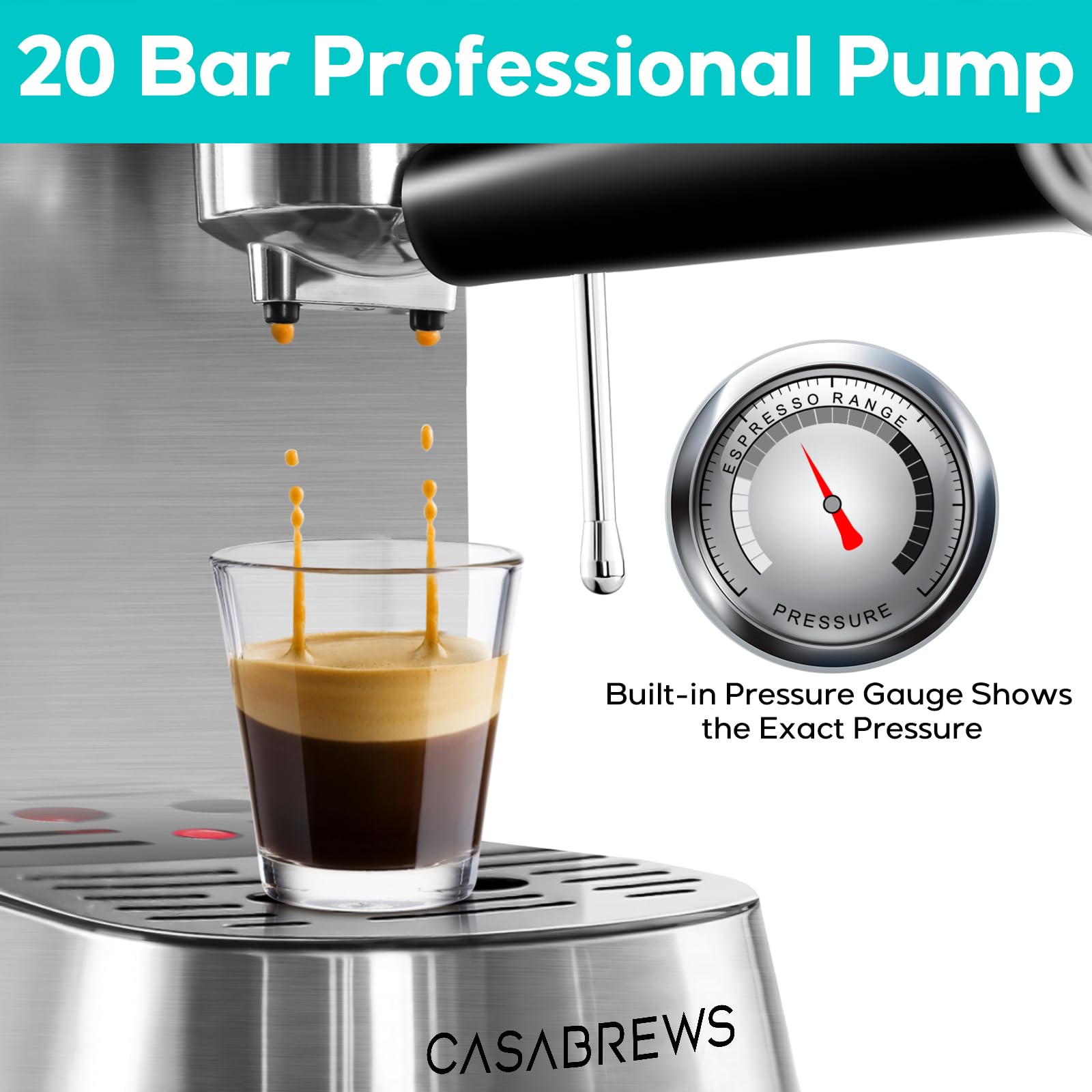CASABREWS CM5418 Espresso Machine 20 Bar, Stainless Steel Espresso Maker with Steam Milk Frother, Coffee Machine for Cappuccino, Latte, 34oz Removable Water Tank, Light Gray