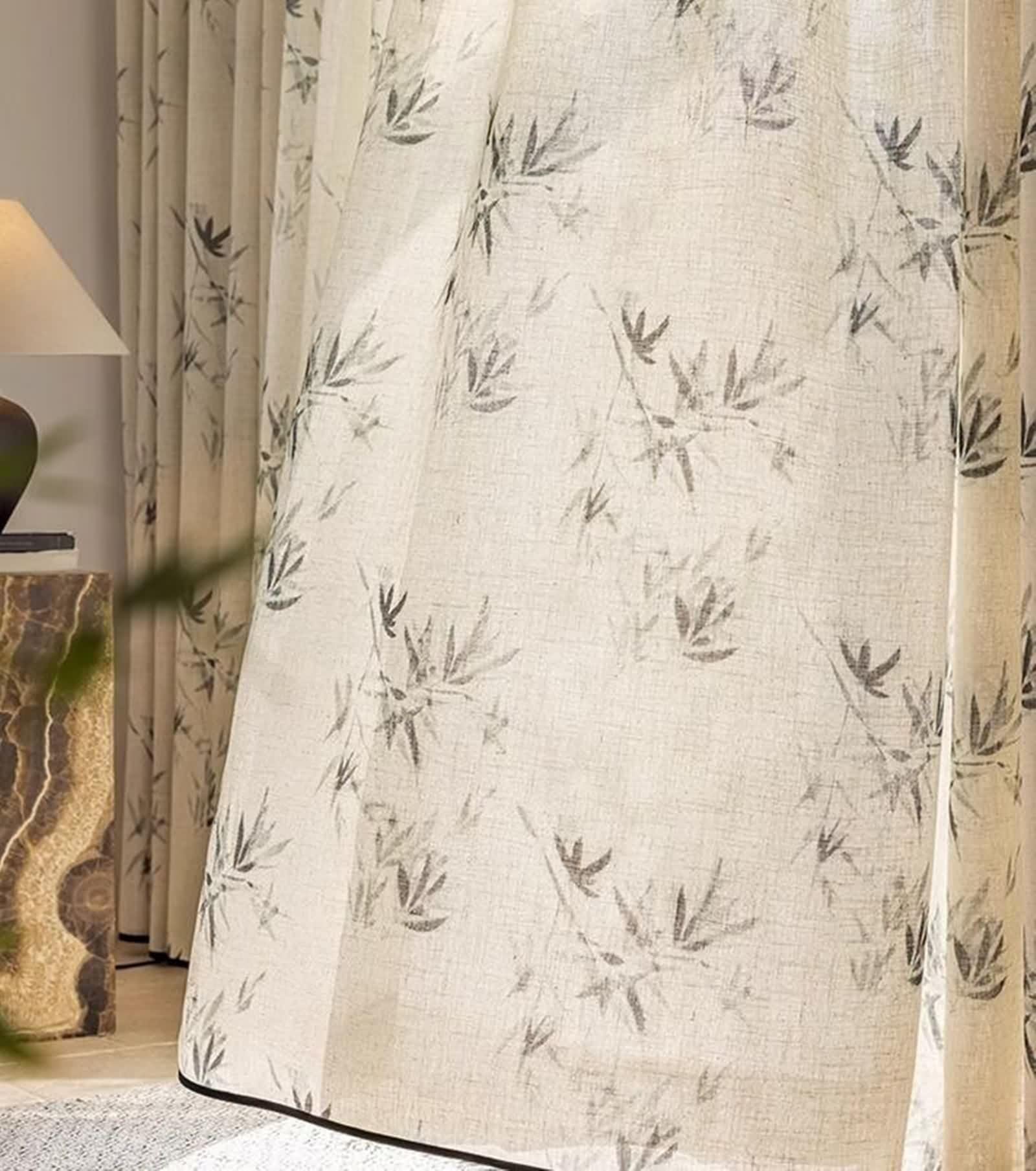 Rideau Fenetre Voilage, Lot de 2 Rideau Lin Beige Gris Noir Motif de Feuilles LxH 107x147cm