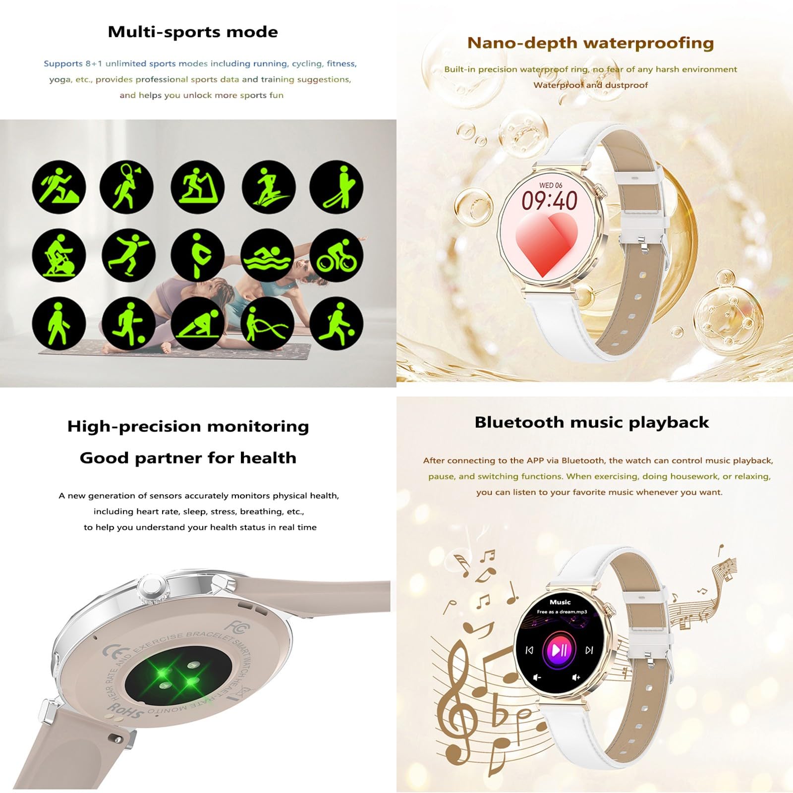 Reloj Inteligente Mujer podómetro, monitoreo de frecuencia cardíaca, medición de presión Arterial, Entretenimiento Social, Llamadas Bluetooth, recordatorios Inteligentes