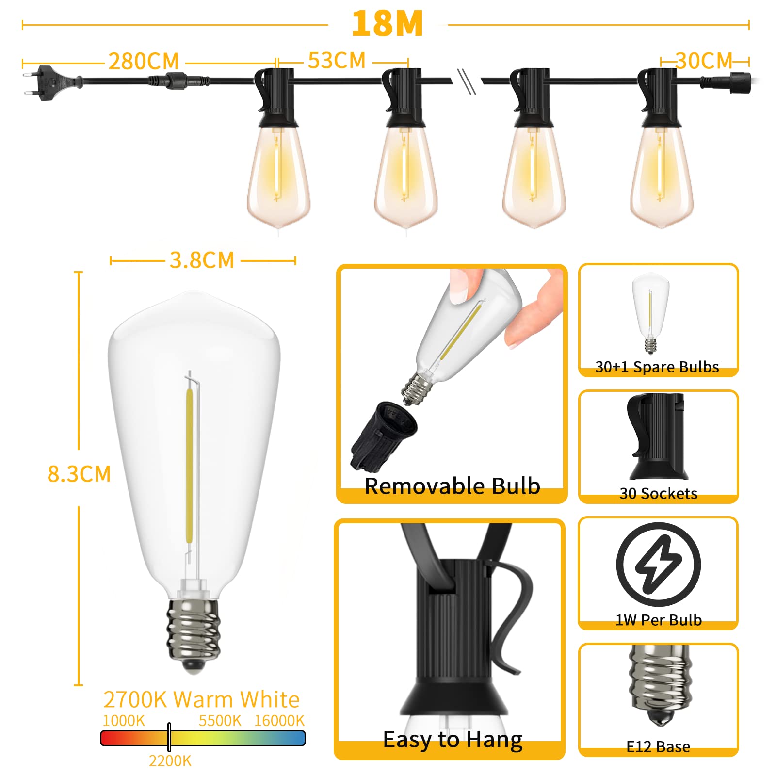 Yuucio Catena Luminosa Esterno LED, 18M Luci da Esterno Giardino, ST38 30+1 Plastica Lampadine, Impermeabile Lucine da Esterno Catene Luminose Esterni per Terrazzo Patio Interno-Bianco Caldo 2700K