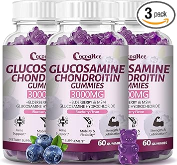 3 Packs 3000MG Glucosamine Chondroitin Gummies, Extra Strength Joint Support Supplement with MSM & Elderberry, Flexibility, Antioxidant Immune Support Gummy for Adults, Men & Women 180Cts
