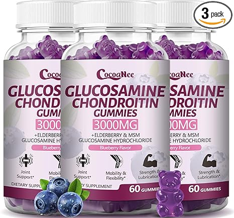 3 Packs 3000MG Glucosamine Chondroitin Gummies, Extra Strength Joint Support Supplement with MSM & Elderberry, Flexibility, Antioxidant Immune Support Gummy for Adults, Men & Women 180Cts
