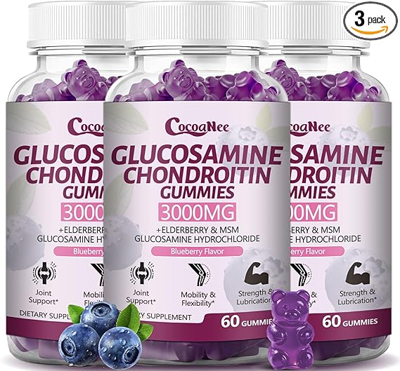 3 Packs 3000MG Glucosamine Chondroitin Gummies, Extra Strength Joint Support Supplement with MSM & Elderberry, Flexibility, Antioxidant Immune Support Gummy for Adults, Men & Women 180Cts