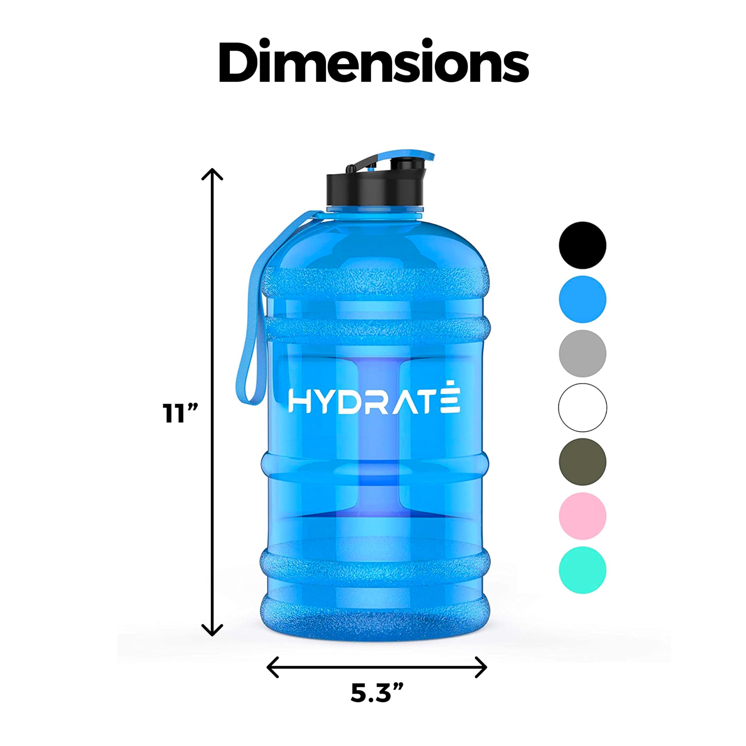 HYDRATE XL Butelka na wodę o pojemności 2,2 l, bez BPA, z zatyczką, szczelna, duża, na siłownię, dla dorosłych, przezroczysta, sportowa, bardzo mocny materiał, niebieska