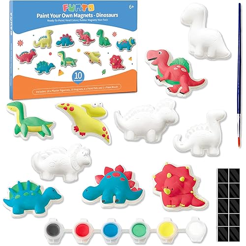 Funto Dinosaur Painting Kit for Kids, Paint Your Own Figurines with Magnet, 27 PCS Crafts Set, Ceramics to Paint, STEAM Projects Creative Activity DIY