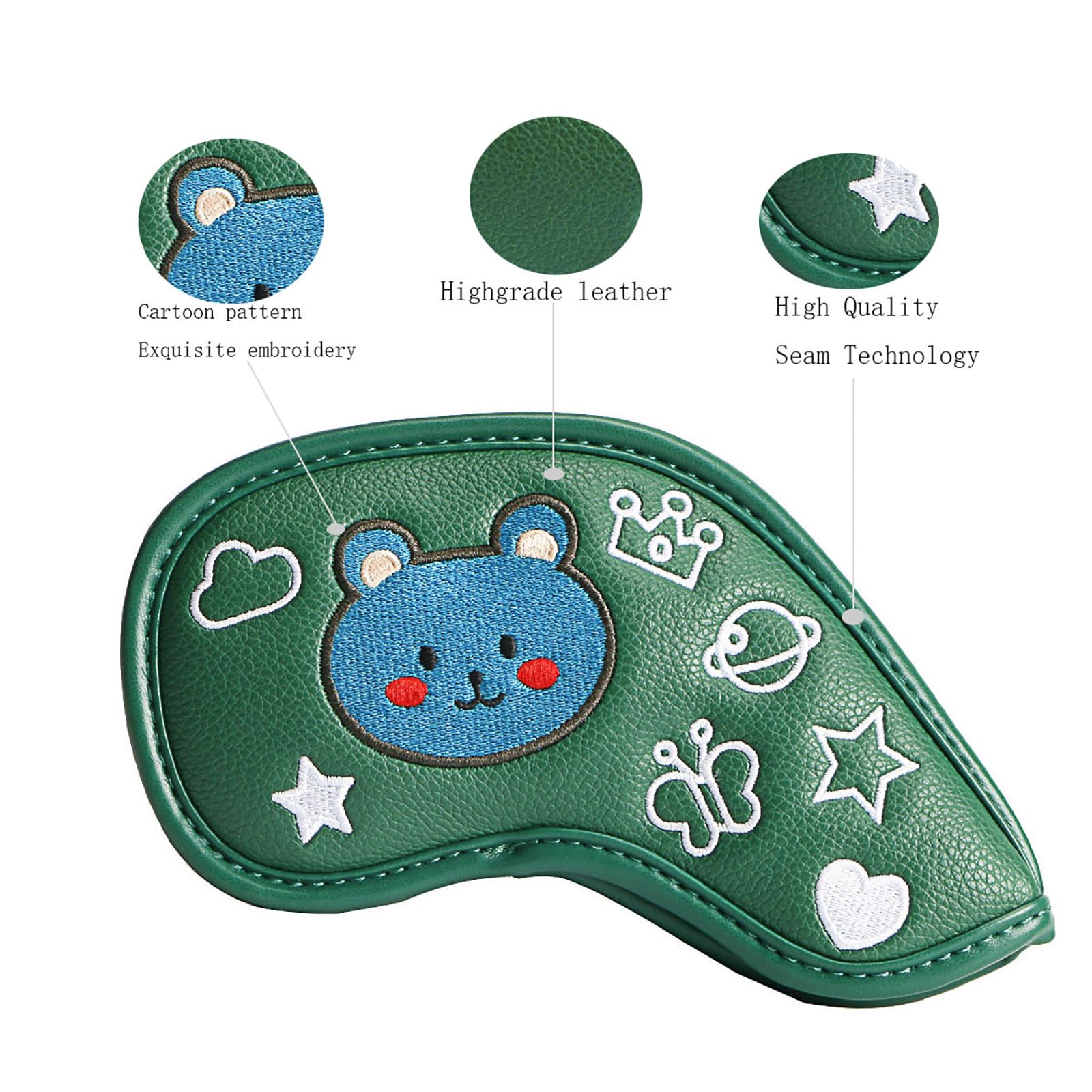 9 Teile/Satz Leder Golf Club Eisen Headcovers Keil Abdeckung Cartoon Muster Leichte wasserdichte Tragbare Kopfschutz,Black