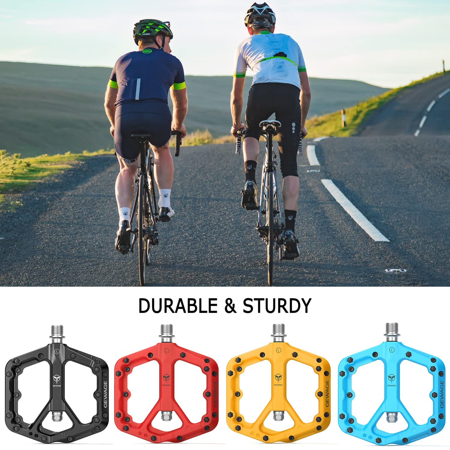 GEWAGE Pedali per mountain bike, pedali in fibra di nylon antiscivolo MTB, pedali per bicicletta da 9/16", pedali a piattaforma piatta leggeri e larghi