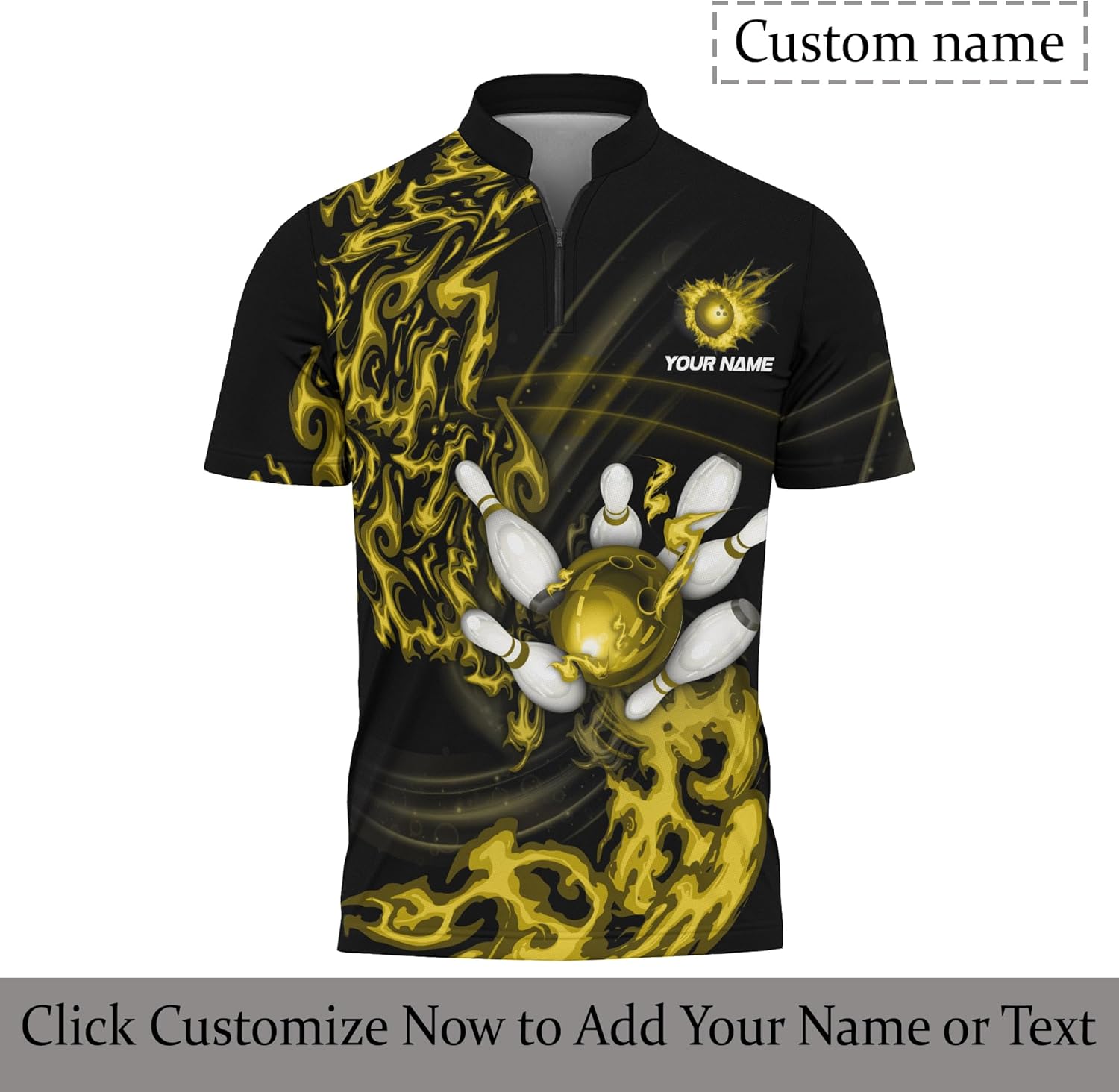 Personalise Bowling Zipper T-Shirt with Custom Name Print Colorful Bowling Ball on Fire 1/4 Zip Jersey for Bowling Team