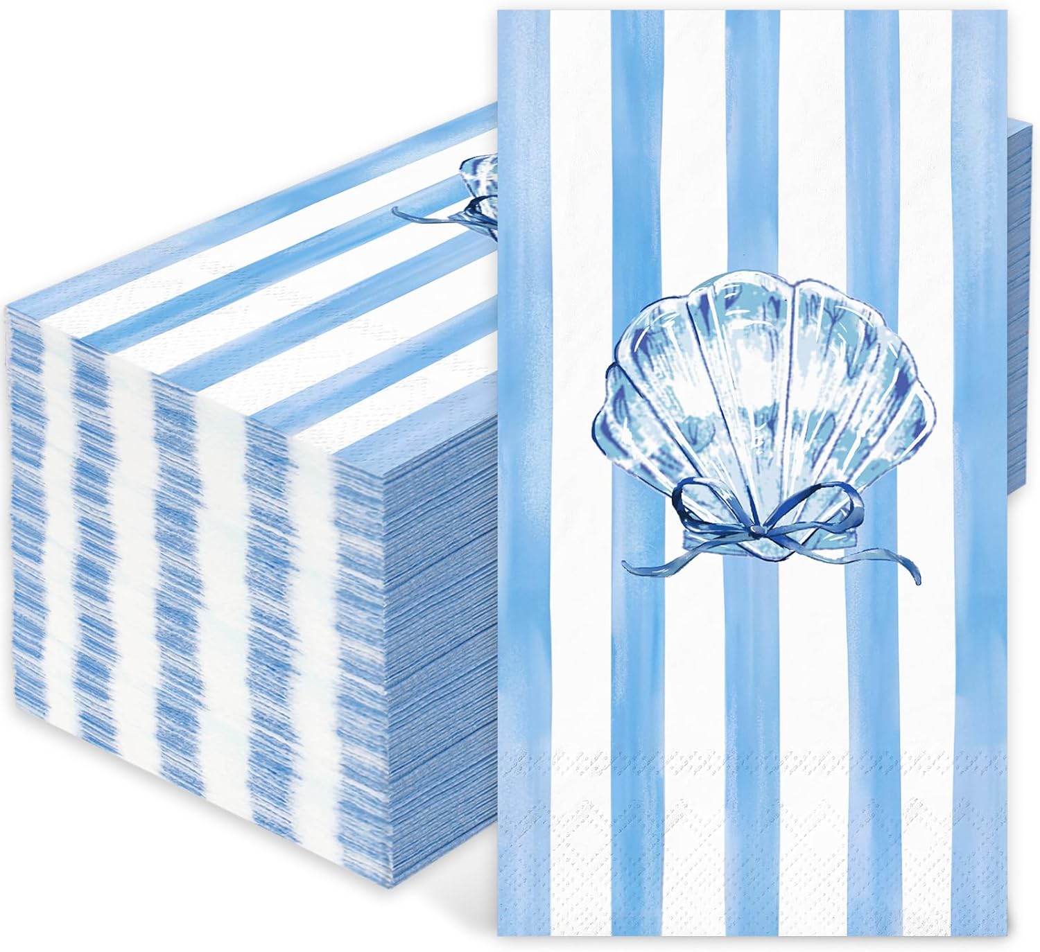 Whaline 50 Pcs Ocean Stripe Guest Napkins Paper Napkins Watercolor Blue Bow Stripe Seashell Disposable Dinner Hand Towels for Summer Ocean Beach Party Table Supplies
