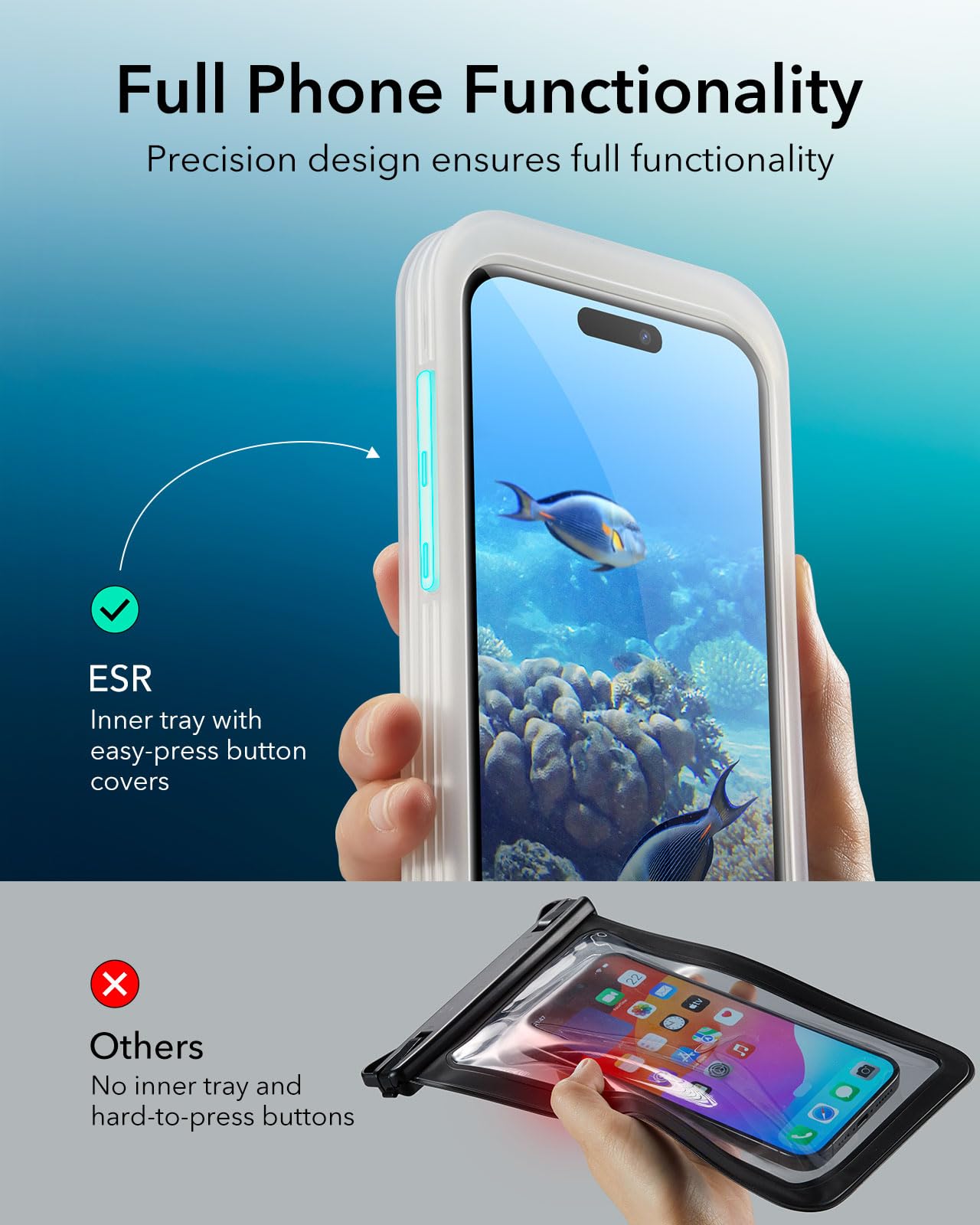 ESR Custodia Impermeabile per iPhone 15 Pro Max/14 Pro Max, Sensibilità al Tocco Sott'acqua, Impermeabile IPX8, Cover Galleggiante Subacquea con Cordino, Ideale per Lo Snorkeling, Bianco Trasparente