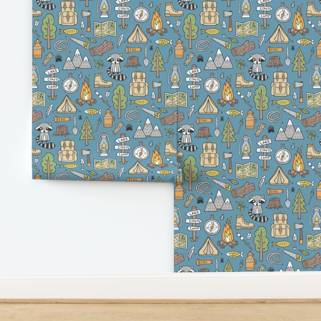 Peel & Stick Wallpaper 12ft x 2ft - Outdoors Camping Woodland Doodle Campfire Raccoon Mountains Trees Logs Dark Blue Navy Forest Outdoor Custom Removable Wallpaper by Spoonflower