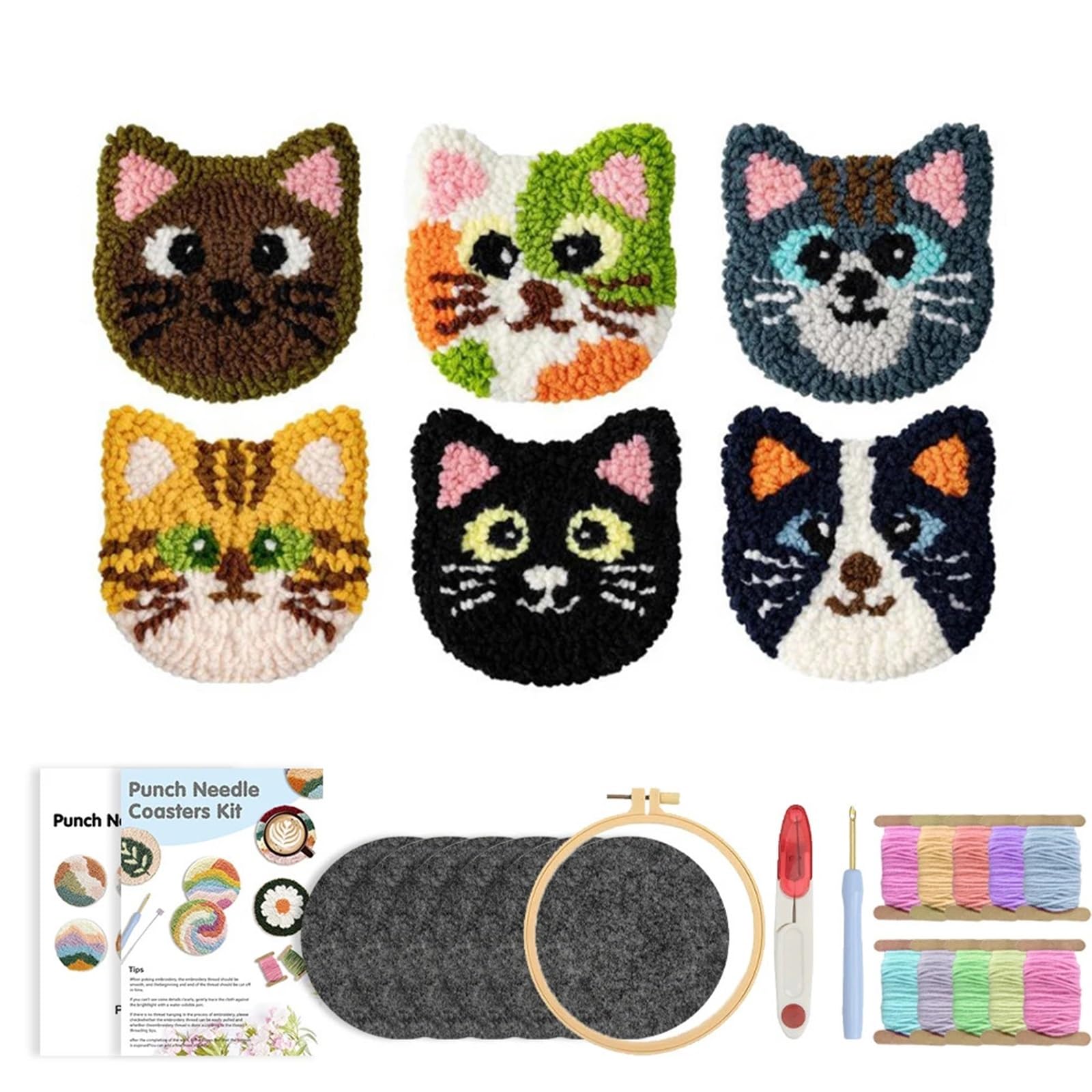 1set Punch Needle Coaster Kit Yarns and Sewing Coasters Kits for Beginners DIY Tufted Rug Pads with Adhesive Felt Embroidery for DIY(Color2)