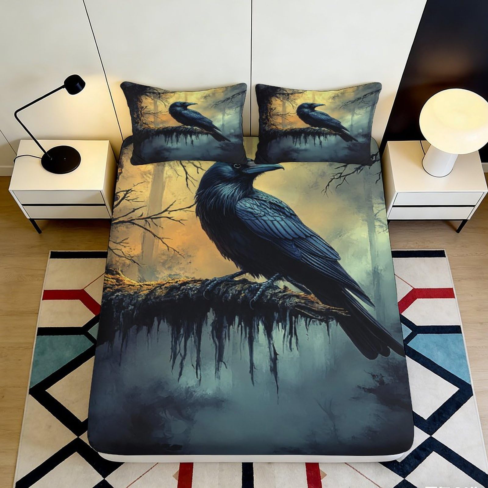 3D Printed Raven Fitted Sheet Microfiber Soft Breathable Crow Mattress Cover for Bedroom Dormitory Guest Room Protection Decor 200x200x25cm