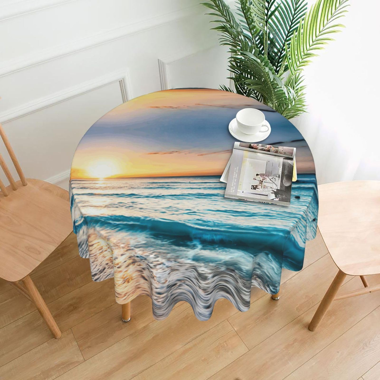 Uusnwaa Ocean Sunrise Print Round Tablecloth 60 Inch, Stain Wrinkle Resistant Washable Polyester Table Cover For Kitchen Party