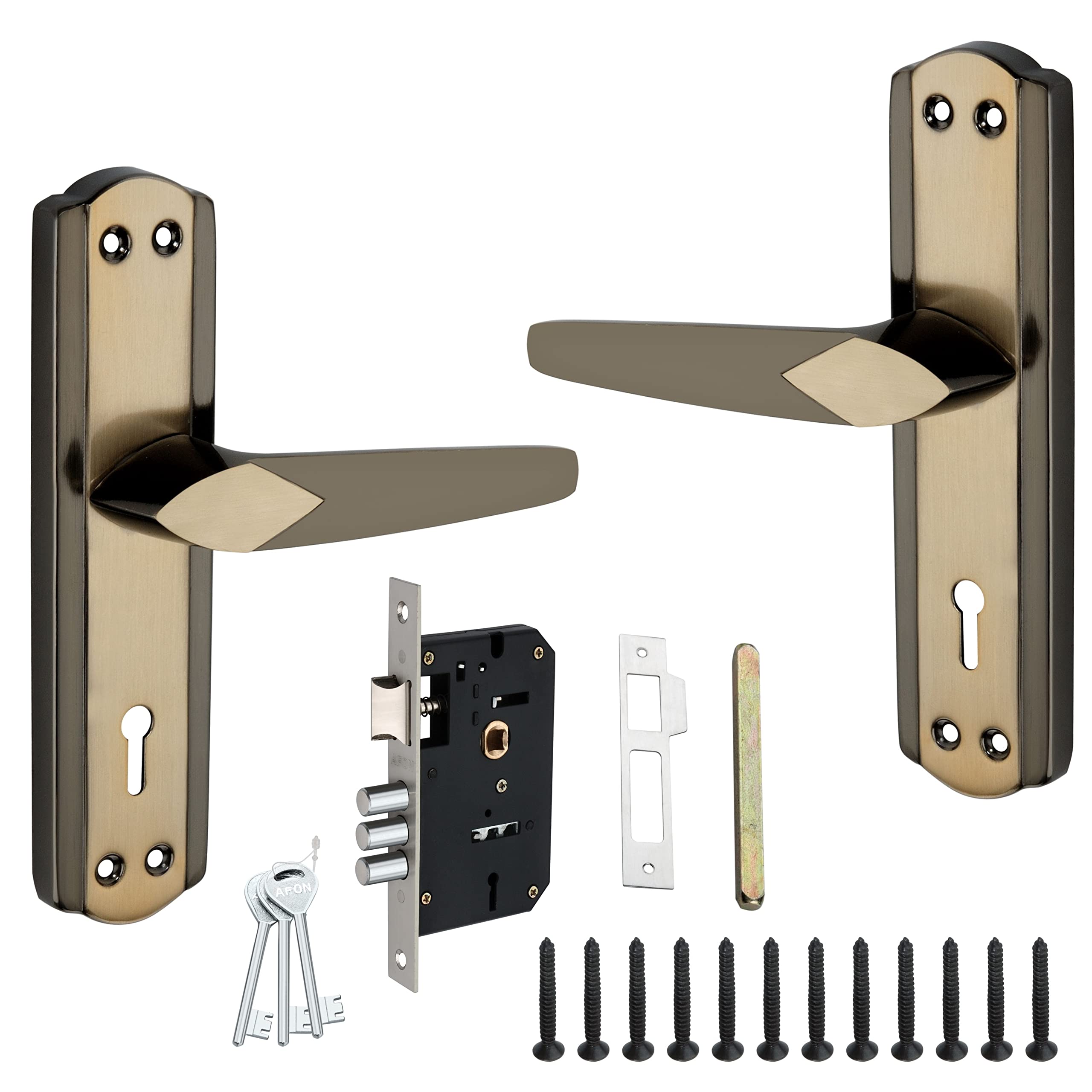 See full amazon price history chart for AFON 7 inches Mortise Iron Handle Set with Lock Body | Black Gold Finish | 3 Keys | 6 Lever 70 mm Double Turn Bullet Lock Set for Door, (PC334-KY-BG) AFON 7 inches Mortise Iron Handle Set with Lock Body | Black Gold Finish | 3 Keys | 6 Lever 70 mm Double Turn Bullet Lock Set for Door, (PC334-KY-BG) (B0B9RBPNZL) Amazon Price History, Amazon Price Tracker