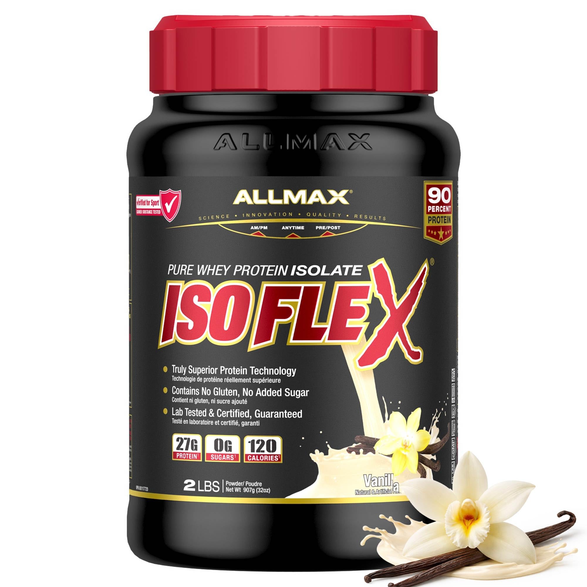 ALLMAX ISOFLEX Whey Protein Isolate, Vanilla - 2 lb - 27 Grams of Protein Per Scoop - Zero Fat & Sugar - 99% Lactose Free - Gluten Free & Soy Free - Approx. 30