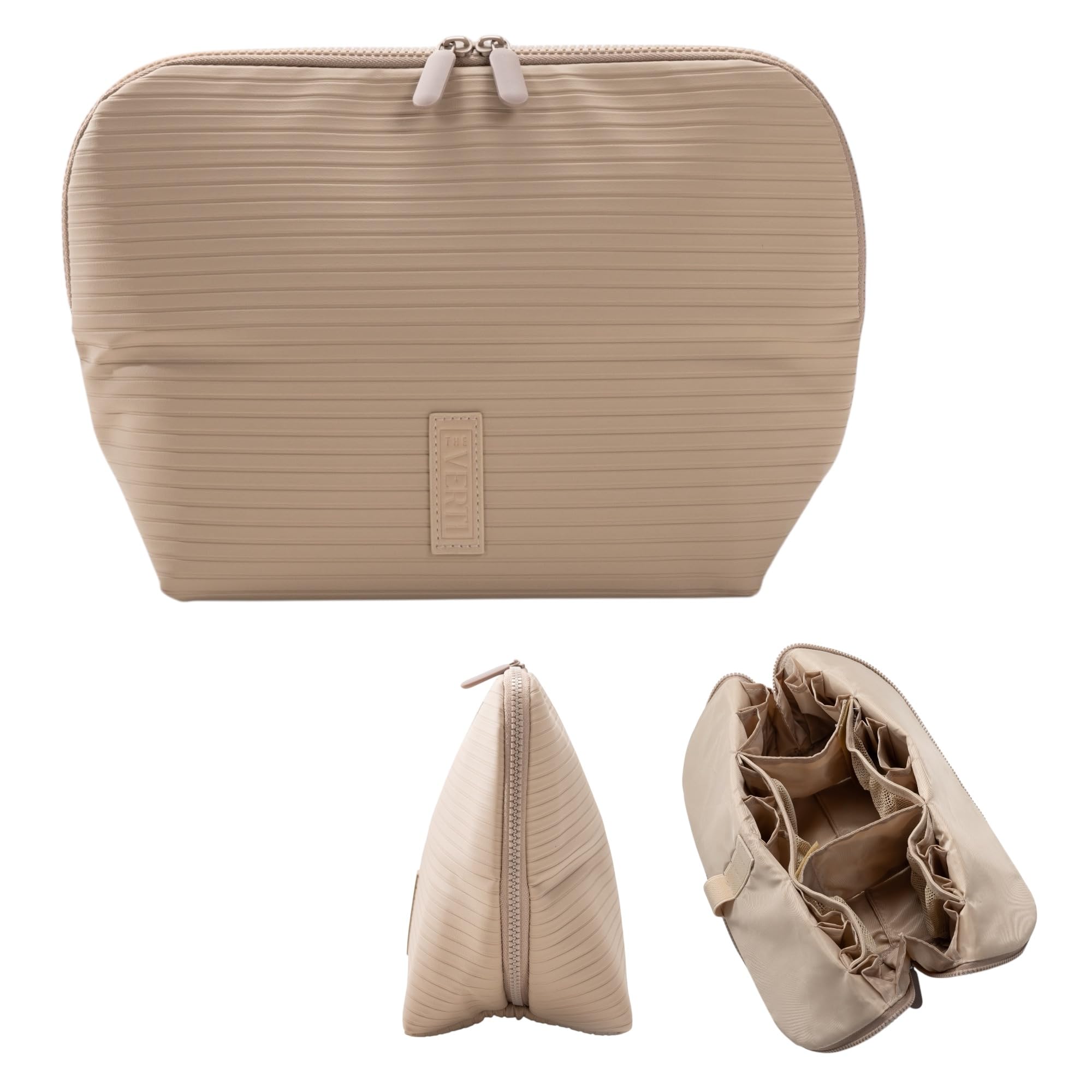 THE VERTI-Vertical Waterproof Makeup Toiletry Bag 23-Pocket Organizer with Upright Fold-Down Design for Skincare Toiletries Essentials Sandstone
