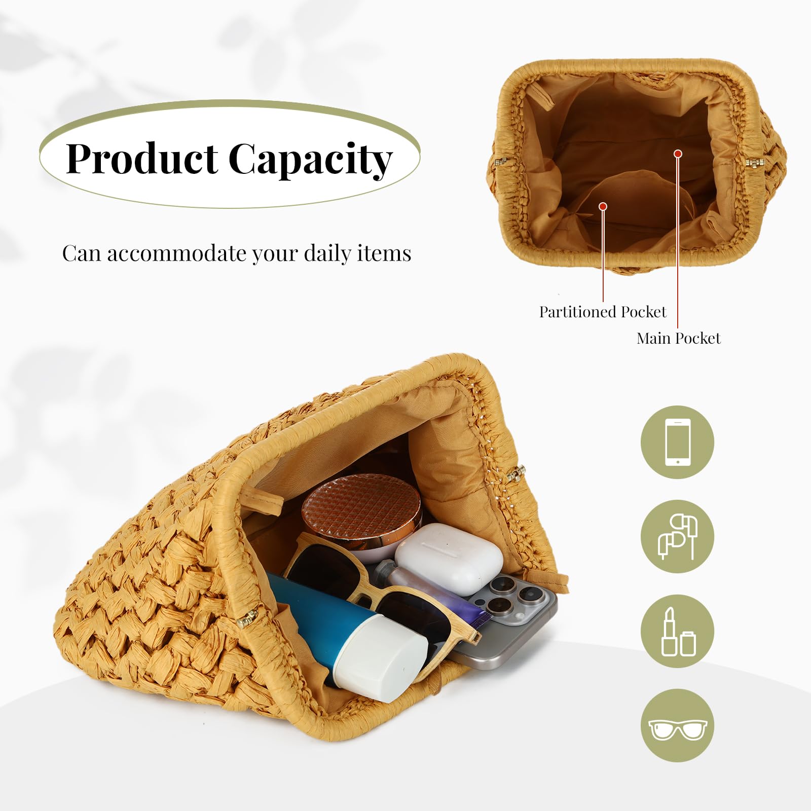Pochette in Paglia Donna Borsa a Mano Intrecciata Dumpling Borsetta Estiva da Spiaggia e Tracolla Cerimonia