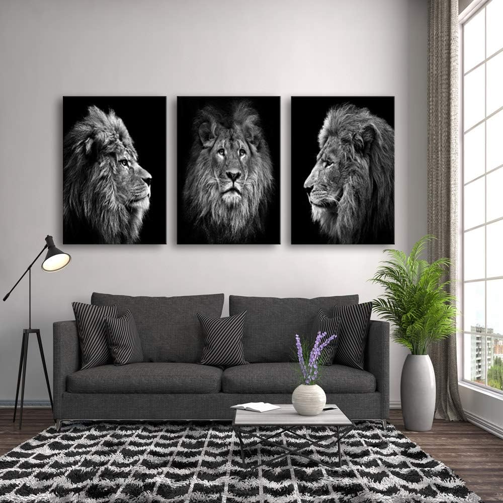 Muolunna Wall Art Black and White Lion Head Portrait Wall Art Painting Pictures Print 3 Pieces Canvas Animal for Bedroom Living Room Office Wall Decor Home Decoration Framed Ready to Hang