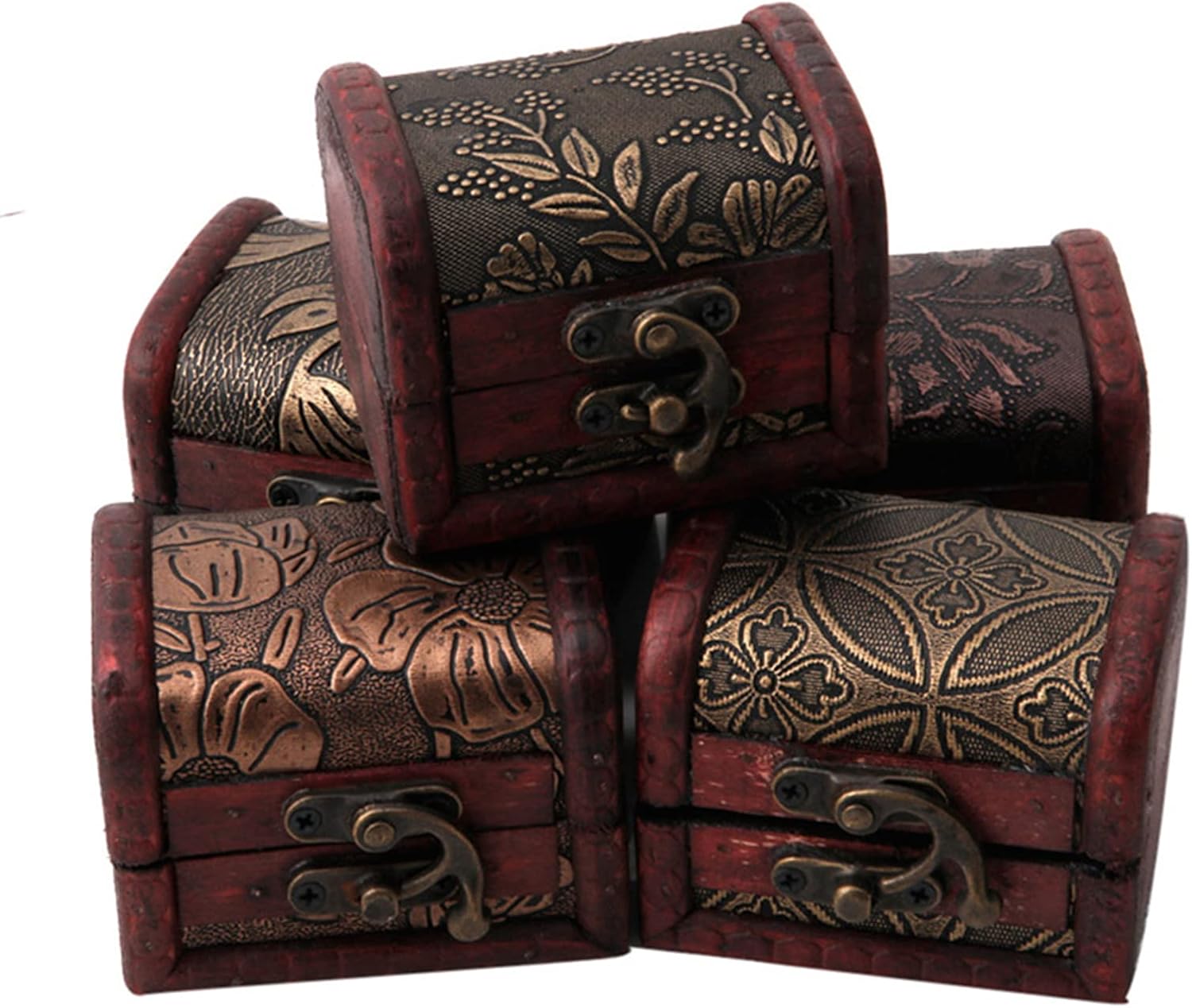 Miniature Wooden Jewelry Box with Floral Carving, Small Trinket Storage Case with Metal Clasp, Portable Travel Organizer