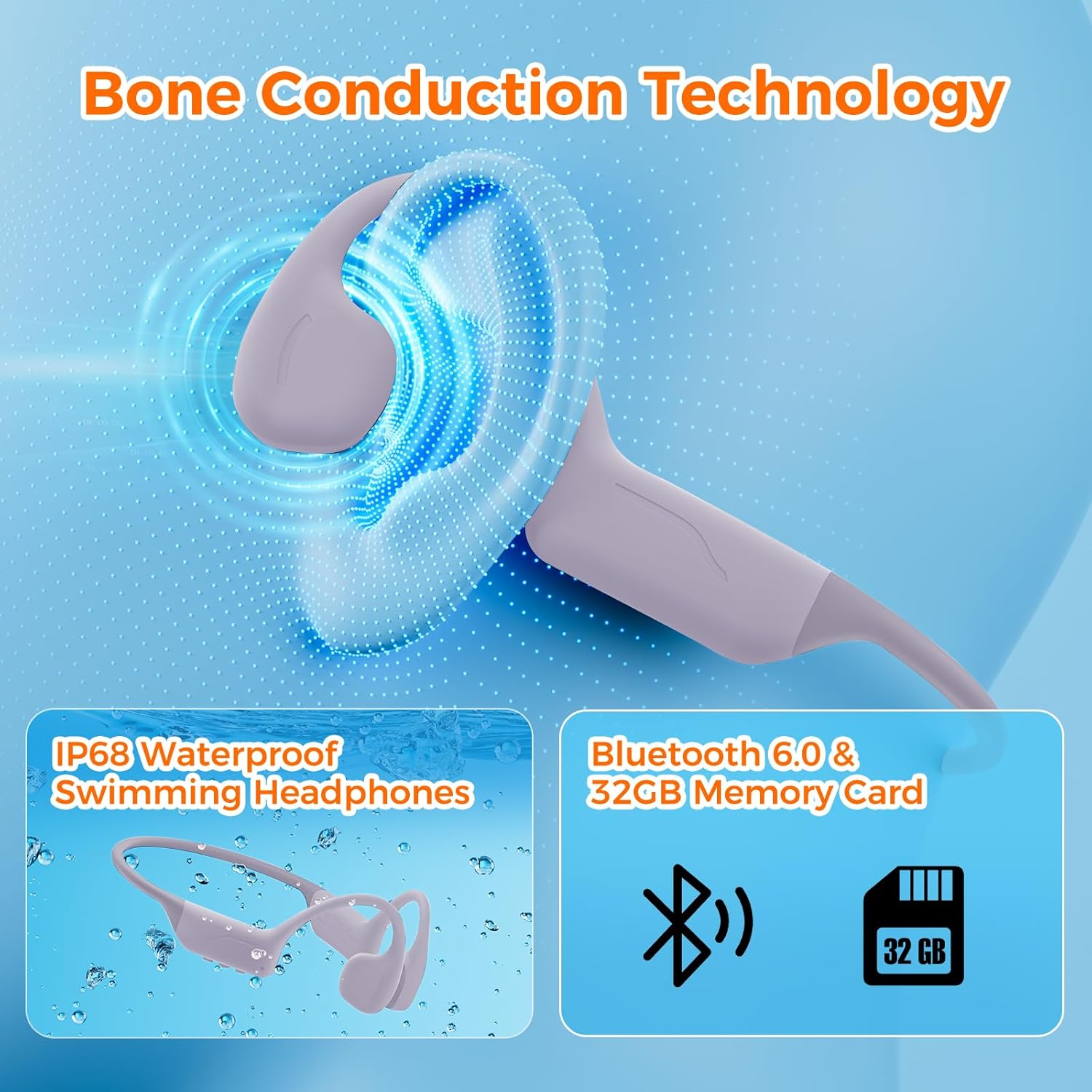 Full-Coverage Liquid Silicone Swimming Headphones, IP68 Waterproof Underwater Headphones, Bluetooth 6.0&MP3 with 32GB Memory Card, Soft/Skin-Comfortable Open Ear Bone Conduction Swim Earbuds(Purple) - Image 8