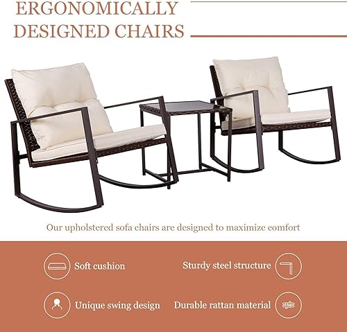 Miniatura 2 de SUNCROWN Juego de muebles de patio para exteriores, 3 piezas, mecedora de mimbre para todo tipo de clima, juegos de conversación con mesa de centro