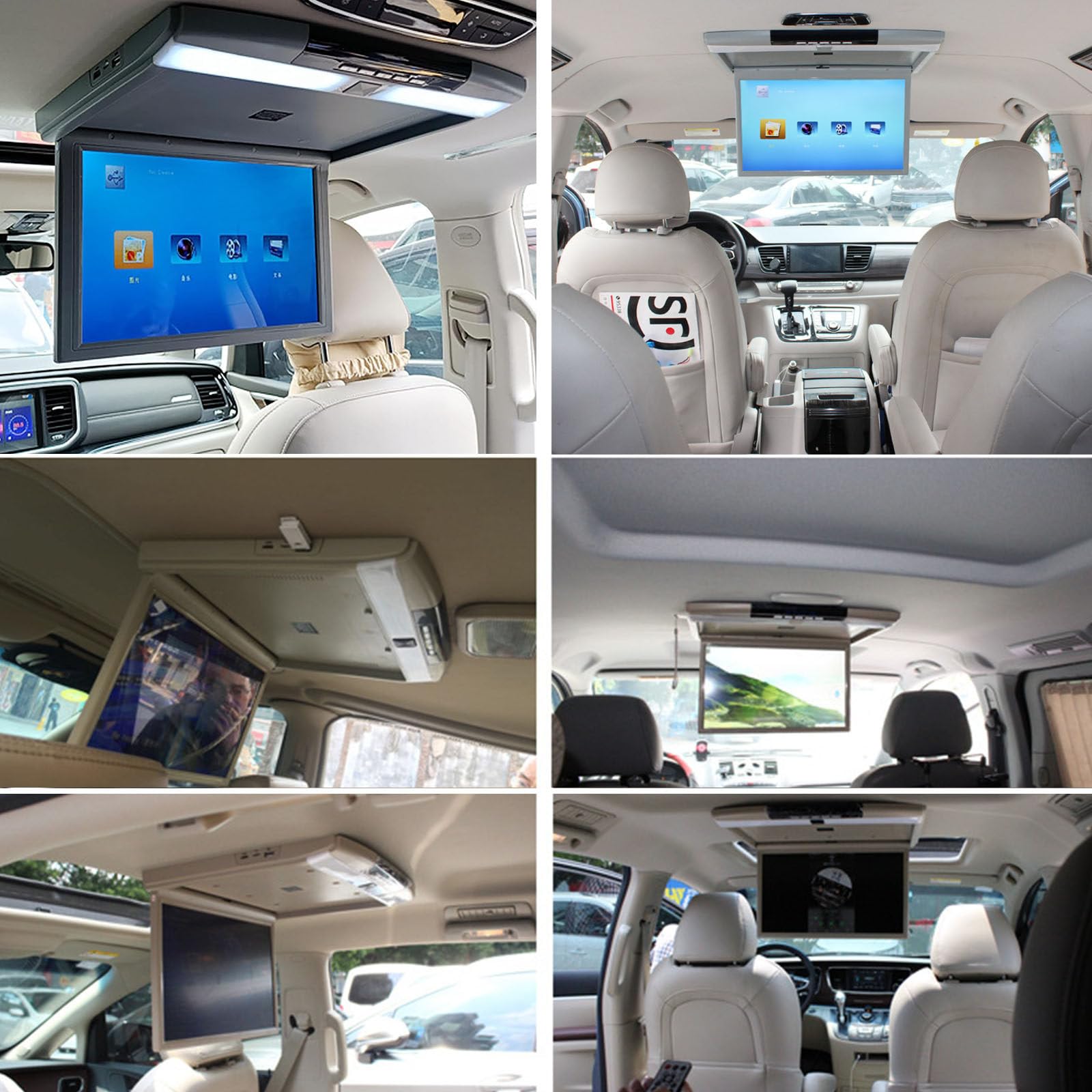 Monitor abatible de 17,3 pulgadas y 1080P para techo de coche, reproductor de techo para coche, TV con puerto HDMI, USB, SD, IR, FM, pantalla TFT digital ultrafina de 16:9.,Black