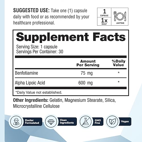 Miniatura 3 de Nervala - Ácido alfa lipoico 600 mg - Suplemento antioxidante ALA para nervios, energía y circulación - Extra fuerte con benfotiamina - Fabricado en