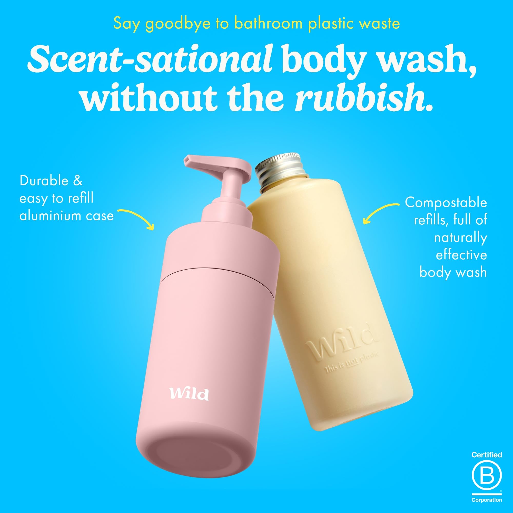 Wild Natural Refillable Body Wash Starter Kit, Rose Pink Aluminium Case & 3 Pack of Shower Gel Refills in a Variety of Scents - Image 2