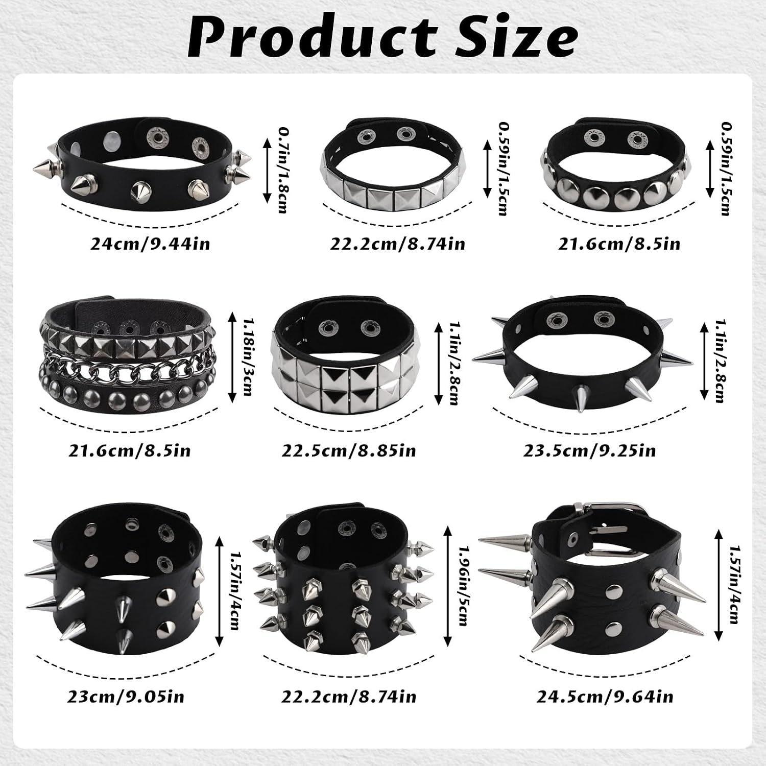 9 Pieces Punk Studded Bracelet, Black Leather Rivet Punk Bracelet, Goth Bracelets, Cuff Adjustable Metal Wristband Gothic Accessories for Men Women