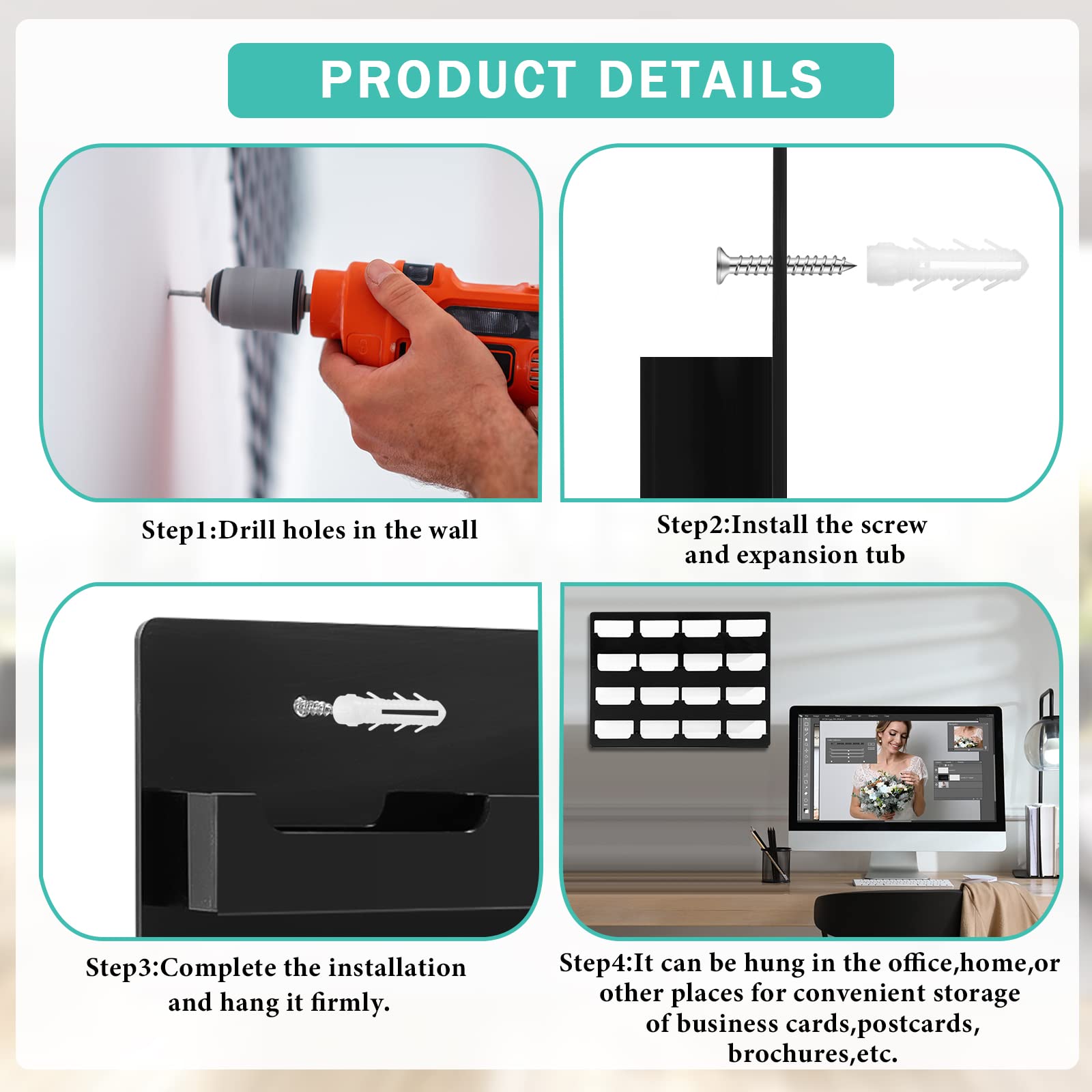 Geelin Lot de 2 supports muraux pour cartes de visite - 16 poches - En acrylique noir - Avec matériel de suspension - Présentoir vertical pour autocollants - Pour bureau et maison (horizontal)
