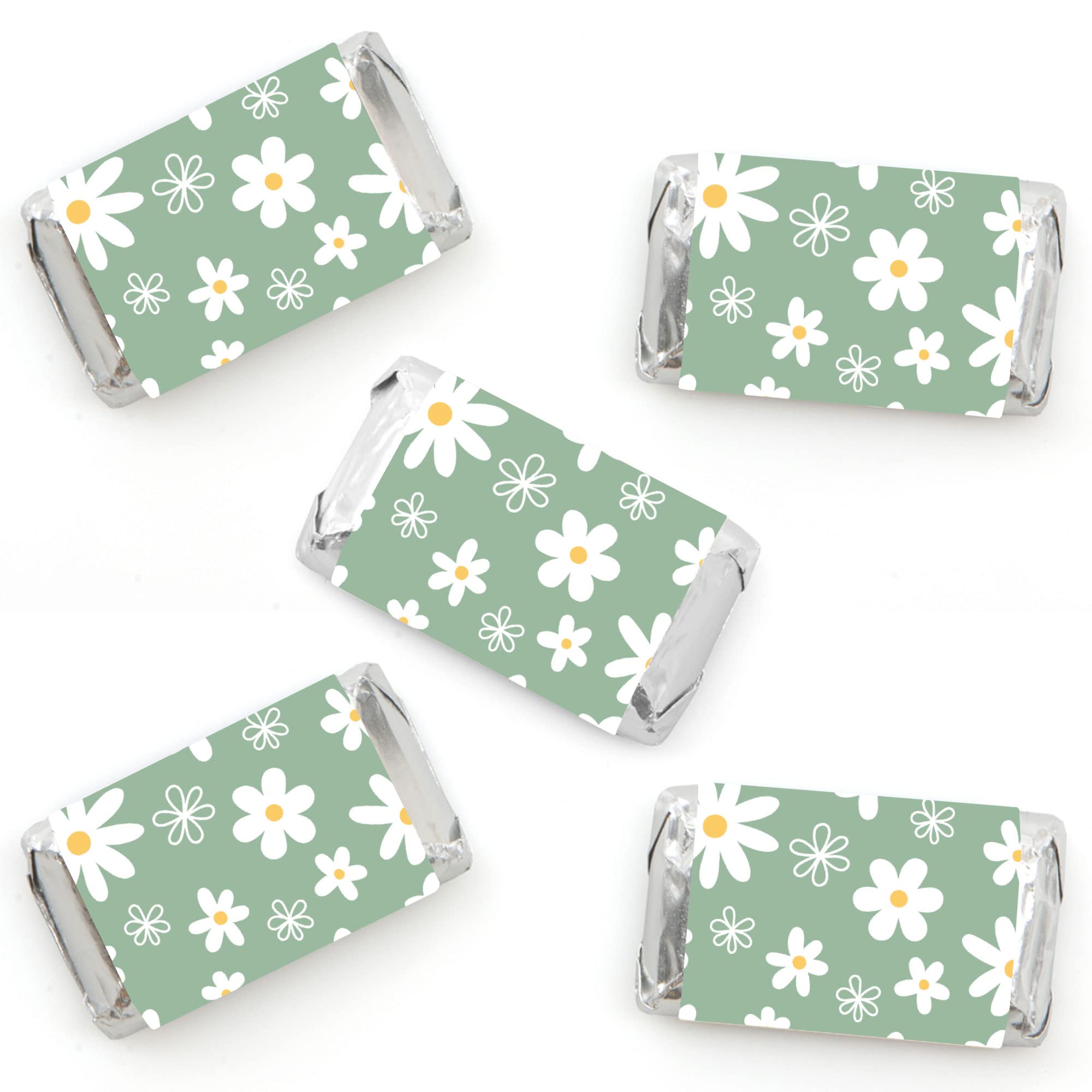 Big Dot of Happiness Sage Green Daisy Flowers - Mini Candy Bar Wrapper Stickers - Floral Party Small Favors - 40 Count