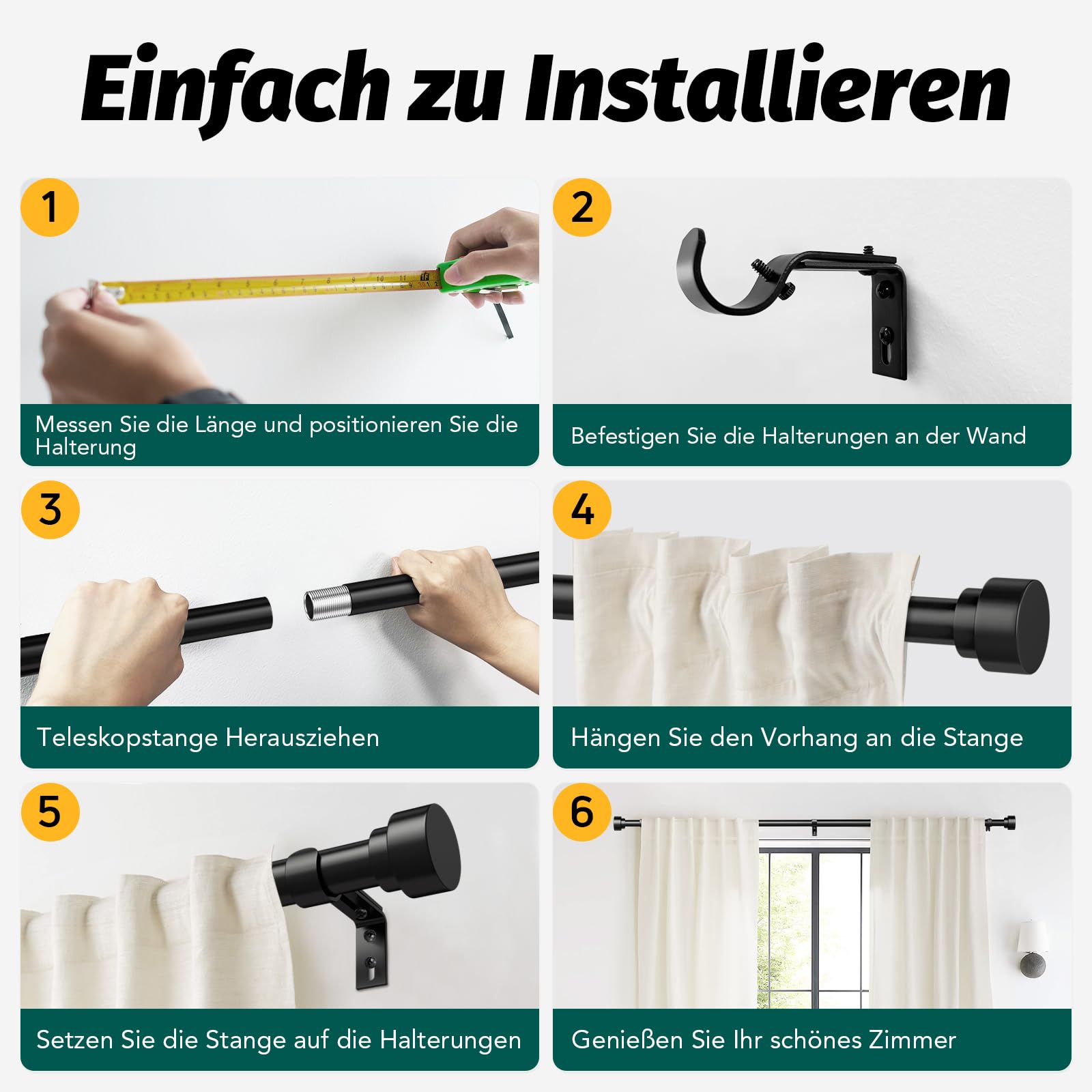 Schwarz Vorhangstange Ausziehbar Gardinenstange Curtain Rod Gardinenstangen für Fenster Outdoor (Schwarz Matt, 76 to 228 cm)