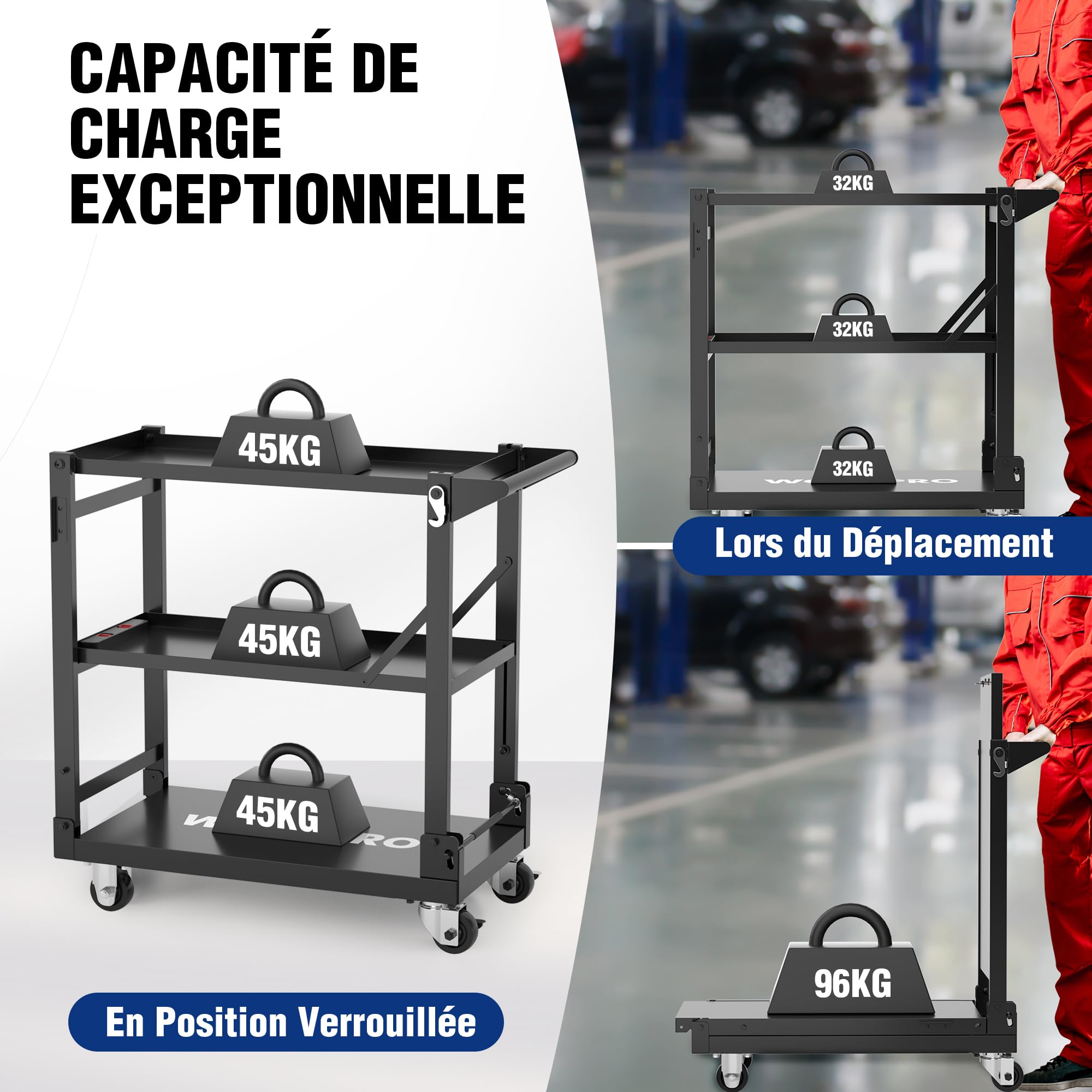 WORKPRO Chariot à Roulettes 3 en 1, Chariot Servante d’Atelier Pliable avec Poignée Latérale, 3 Niveaux de Rangement, Chariot de Service Mobile pour Garage, Atelier, Cuisine, Bureau, Entrepôt, Hôtel