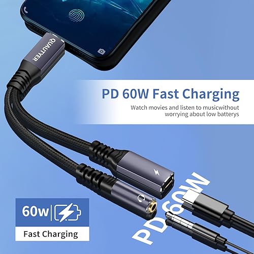 Miniatura 8 de Adaptador de auriculares USB C, USB C a adaptador de auriculares y cargador de 0.138 in, conector de micrófono USB C a AUX con PD de 60 W de carga