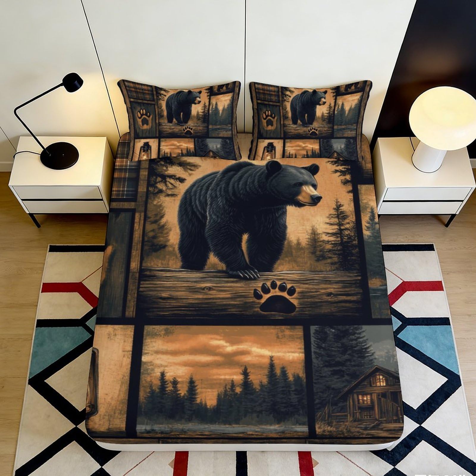 3D Printed Brown Bear Fitted Sheet Microfiber Soft Durable Forest Pattern Mattress Cover for Bedroom Dormitory Guest Room Protection and Decoration 200x200x25cm