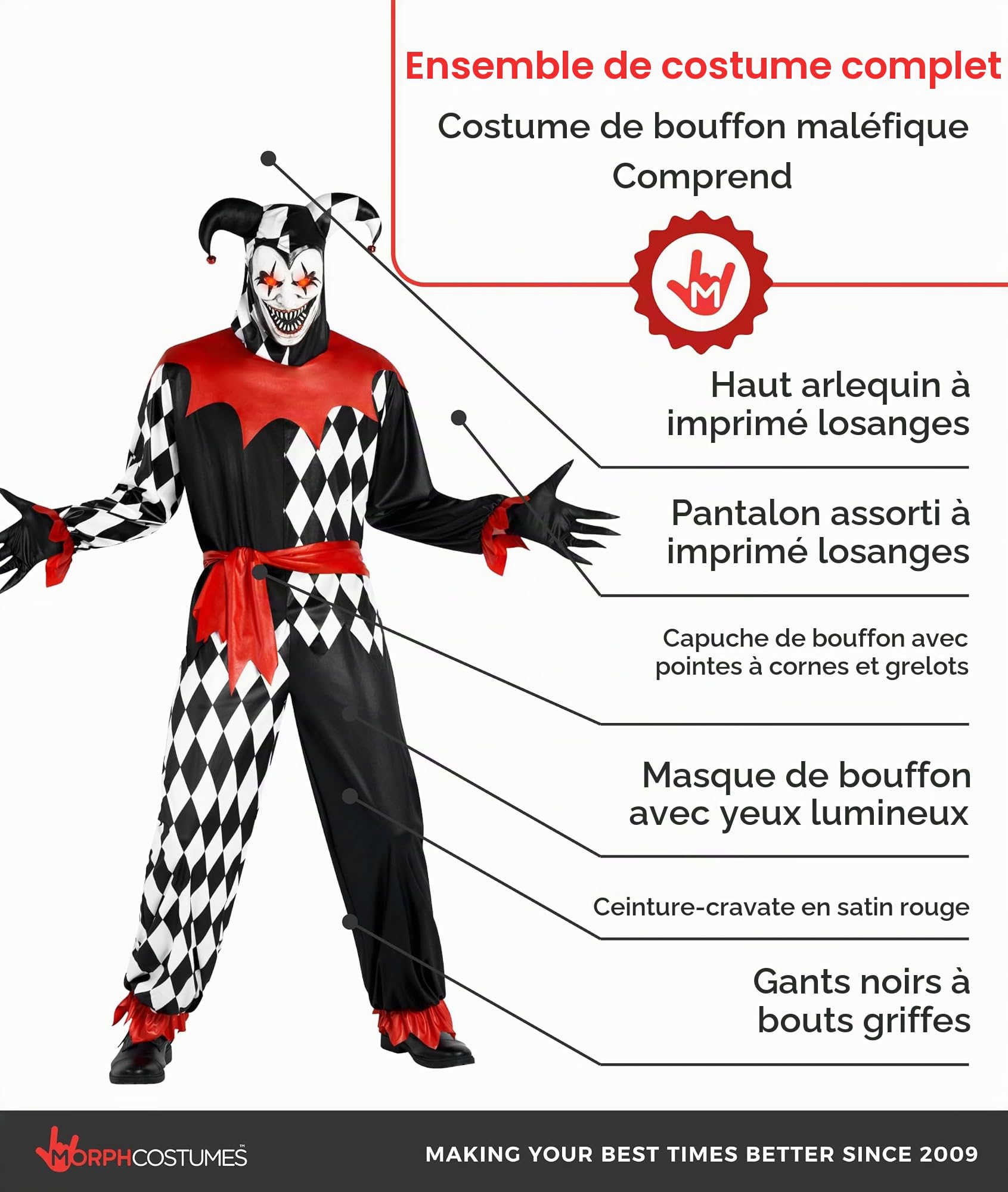 Morph Deguisement Arlequin Homme, Costume Bouffon Halloween Homme
