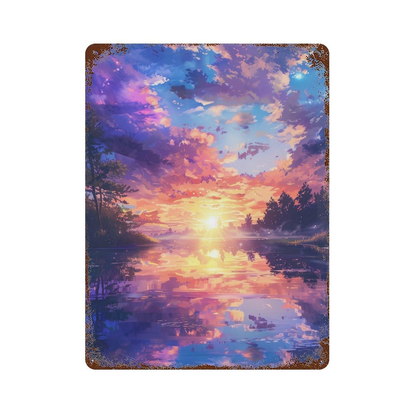 Vintage Rust Metal Sign with Sunset Reflections on Water Design 15.7"x11.8", for Shed, Workshop And Garage Wall Decor, Retro Wall Decor