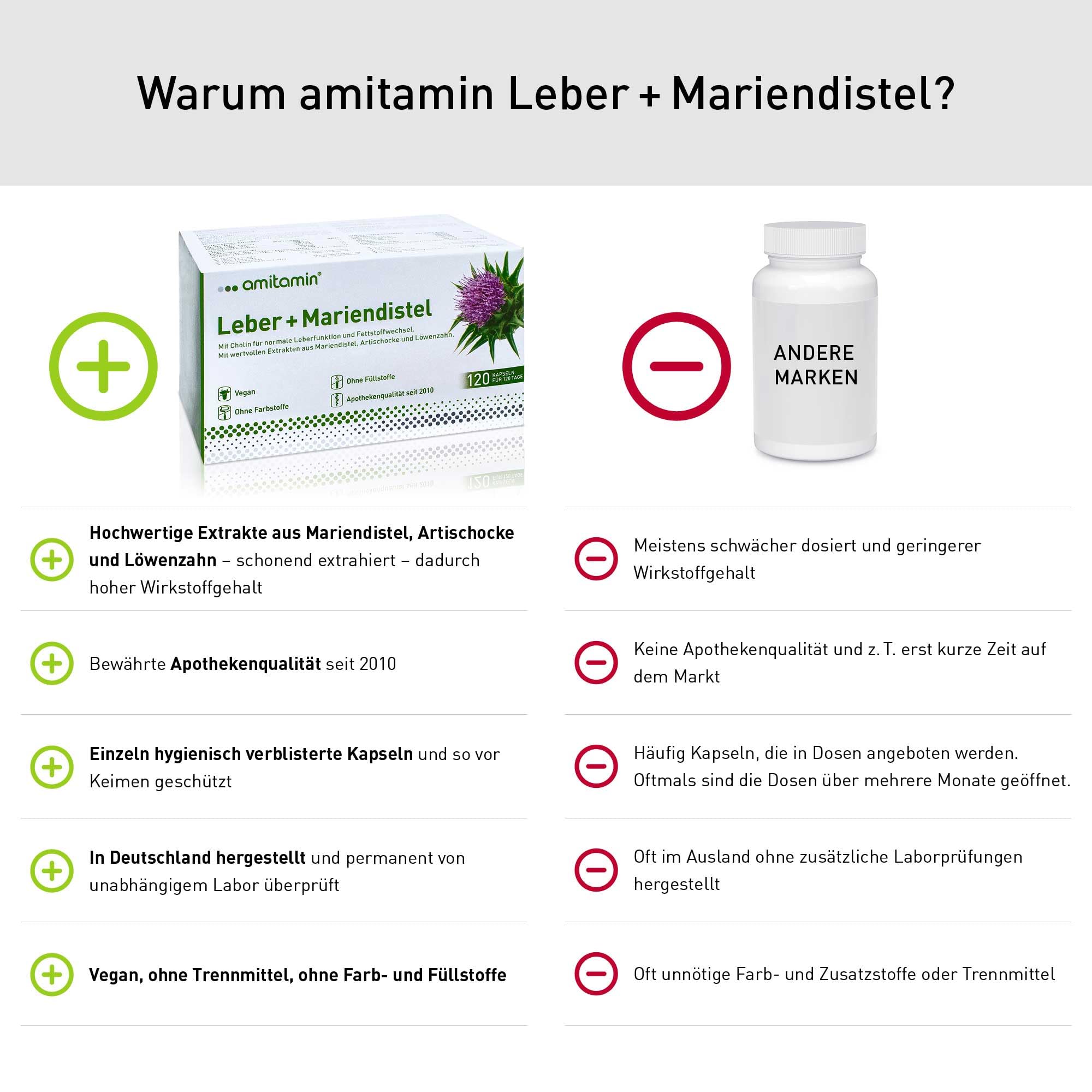 amitamin Leber + Mariendistel Komplex | Kapseln hochdosiert | Artischocke, Löwenzahn plus Cholin für den Stoffwechsel | 120 Kapseln - 4 Monate | Silymaringehalt 80% | deutsche Herstellung | vegan