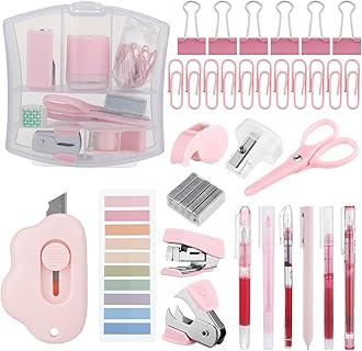 Colarr Mini Office Supply Kit Includes Stapler Tape Dispenser Staple Remover Paper Clips Scissor Staples Pen Sharpener Note Small Telescopic Knife for Office and School Clerk Student (Pink)