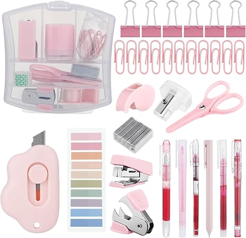 Miniatura 1 de Mini kit de suministros de oficina incluye dispensador de cinta grapadora, removedor de grapas, clips de papel, grapas de tijera, sacapuntas, nota,