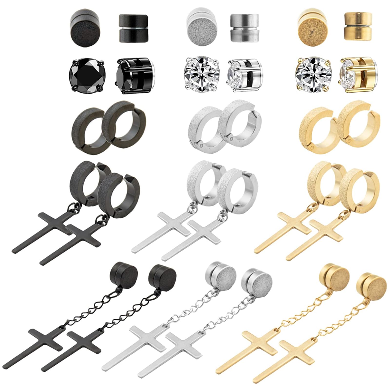 15 Pairs Magnetic Stud Earrings for Men Clip on Earrings Stainless Steel Magnet Earring Unisex Dangle Cross CZ Hoop Magnetic Stud Earring Set for Men Women, Stainless Steel, Cubic Zirconia