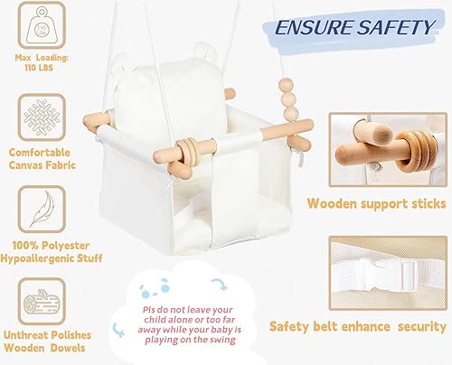 Miniatura 3 de Asiento de columpio para bebé, lona segura y silla colgante de madera, para bebés, niños pequeños, juguetes para niños, hamaca interior y temporal