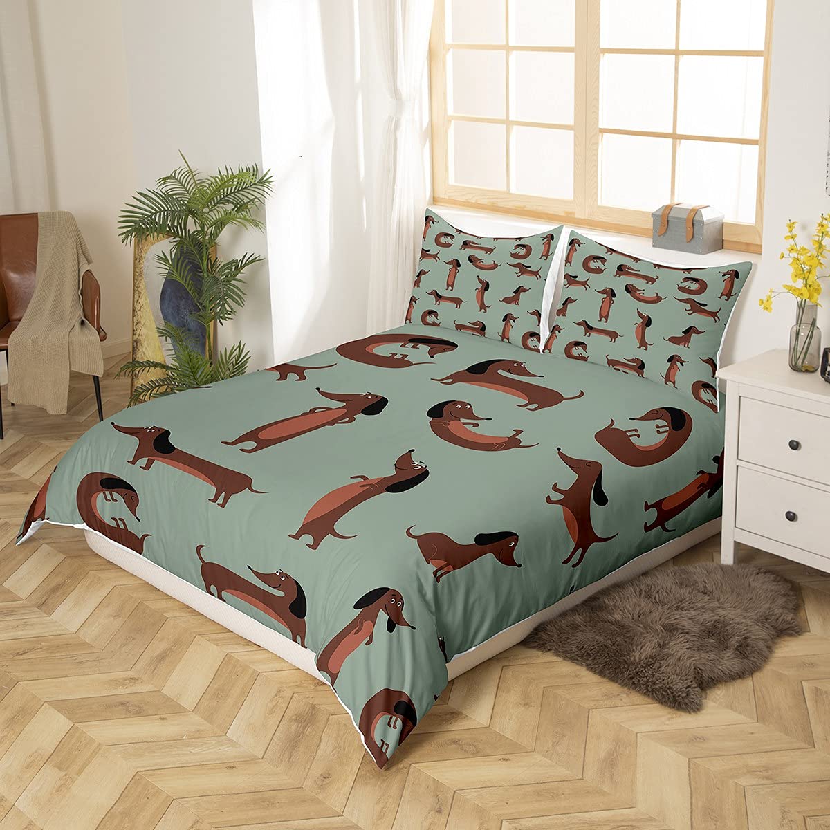 Juego de funda de edredón para niños y niñas, juego de cama de perro salchicha lindo juego de ropa de cama de animales de dibujos animados y ropa de cama para niños y niñas, cachorros, amantes de la