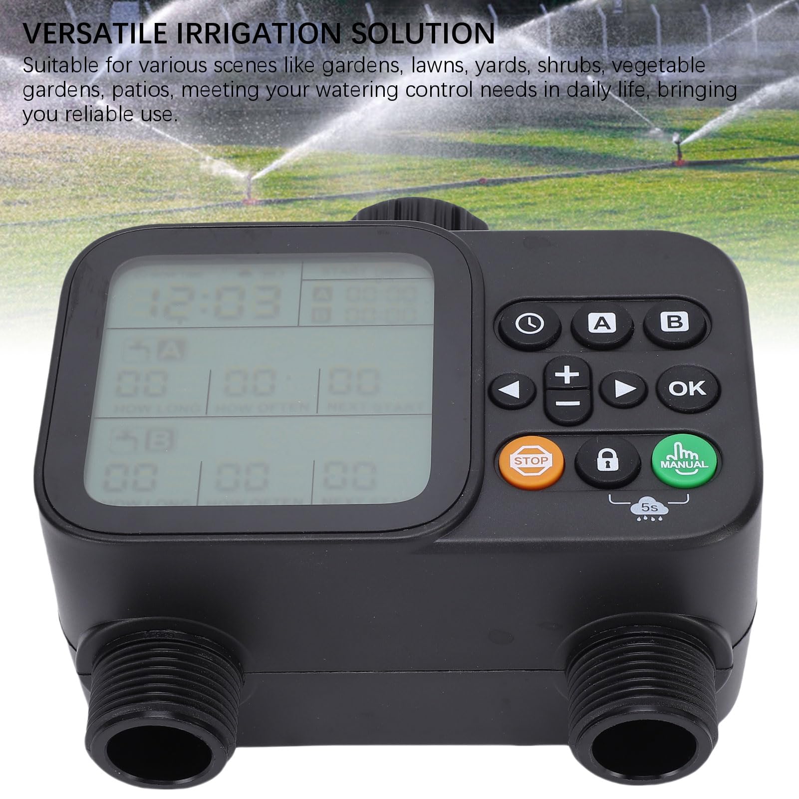BRRNOO Programmatore per Irrigazione 2 Prese con Display LCD, Pioggia