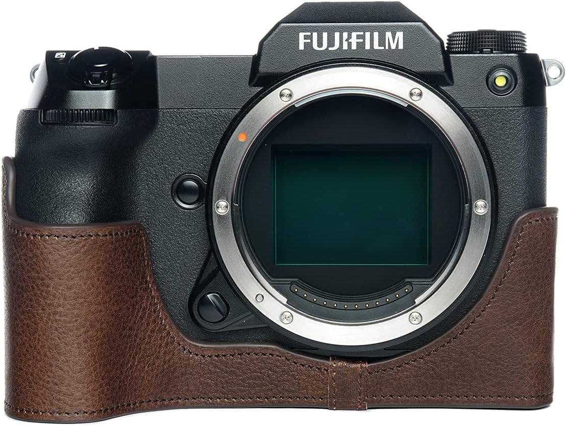 GFX 100S Camera Case, BolinUS Handmade Genuine Real Leather Half Camera Case Bag Cover for Fujifilm Fuji GFX 100S Camera Bottom Opening Version + Hand Strap (Coffee)