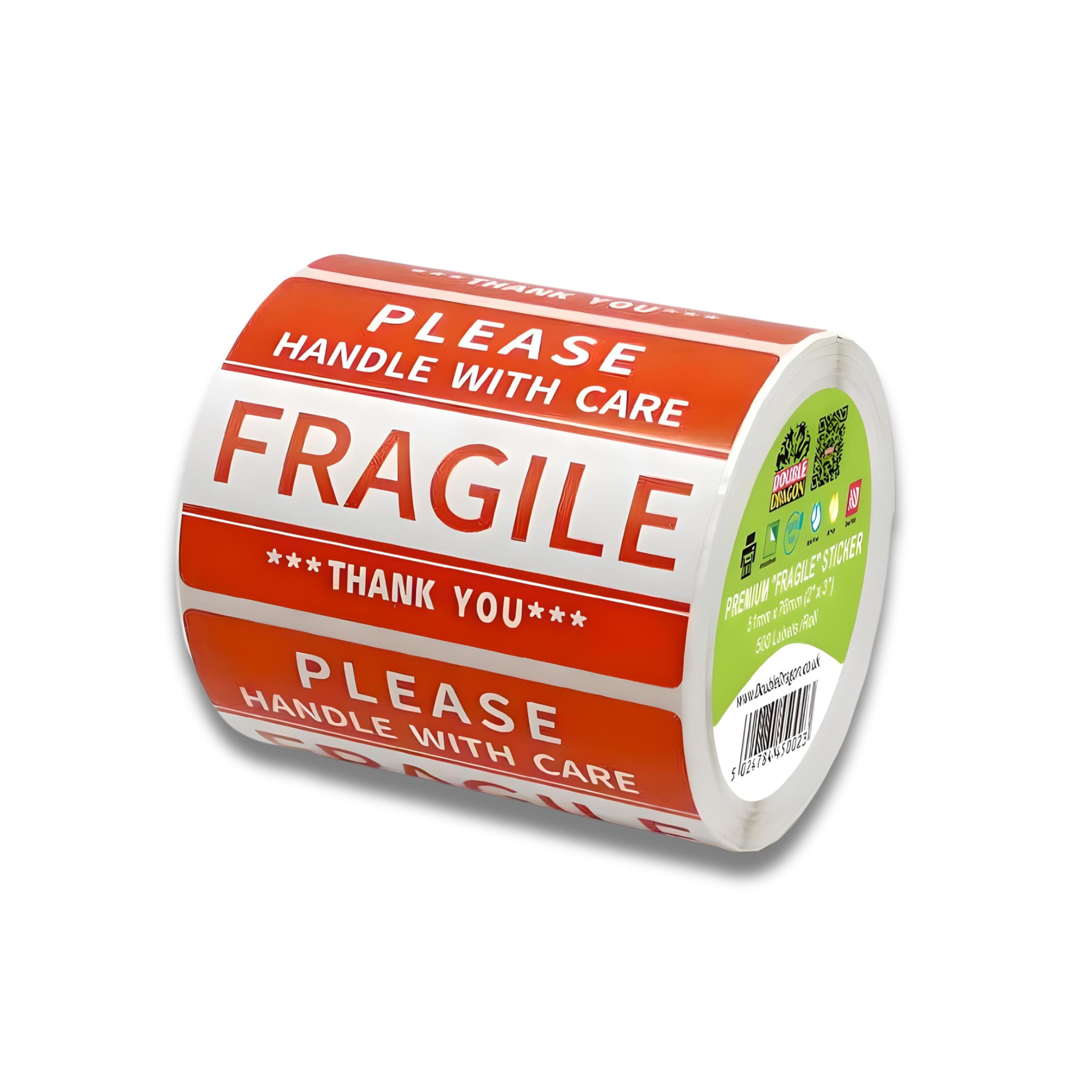 Double Dragon, 500 Labels, 2x3 Inch (50mm x 76 mm), Fragile Handle With Care Sticker, Red Warning Label for Packing Boxes, Strong Adhesive