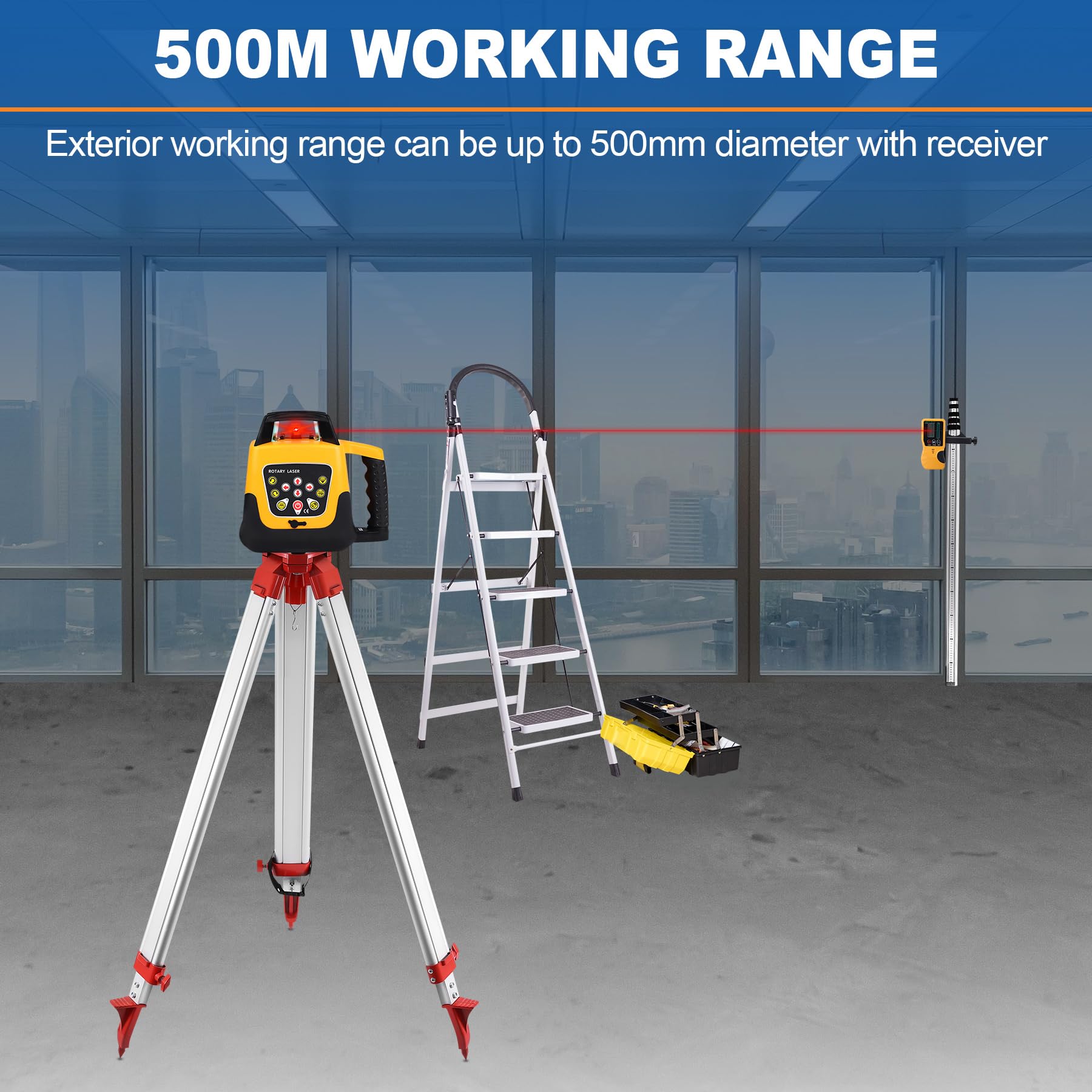 Laser Rotatif Niveau Laser Autonivelant Balayage avec Trépied en aluminium, mire télescopique 5m, Rotative 360° Verticale Horizontale Auto-Alignement Rouge Travail 500 m pour Construction