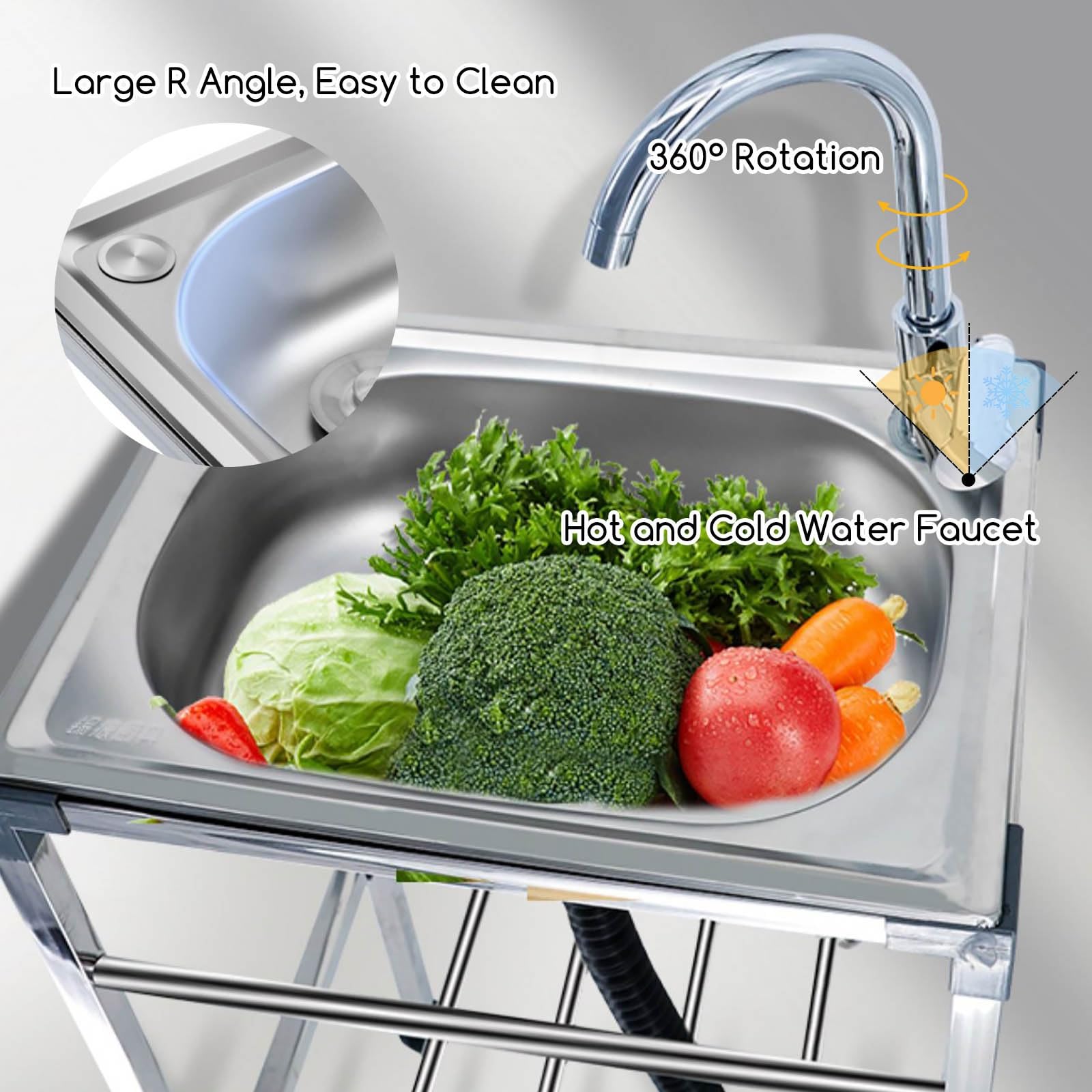 Lavello da Cucina Indipendente Con Gambe Lavello in Acciaio Inox Professionale Con Rubinetto Dell'acqua Calda E Fredda Facili Da Montare Per Ristorante Bar Lavanderia Garage Esterni ( Size : 45x60x83c
