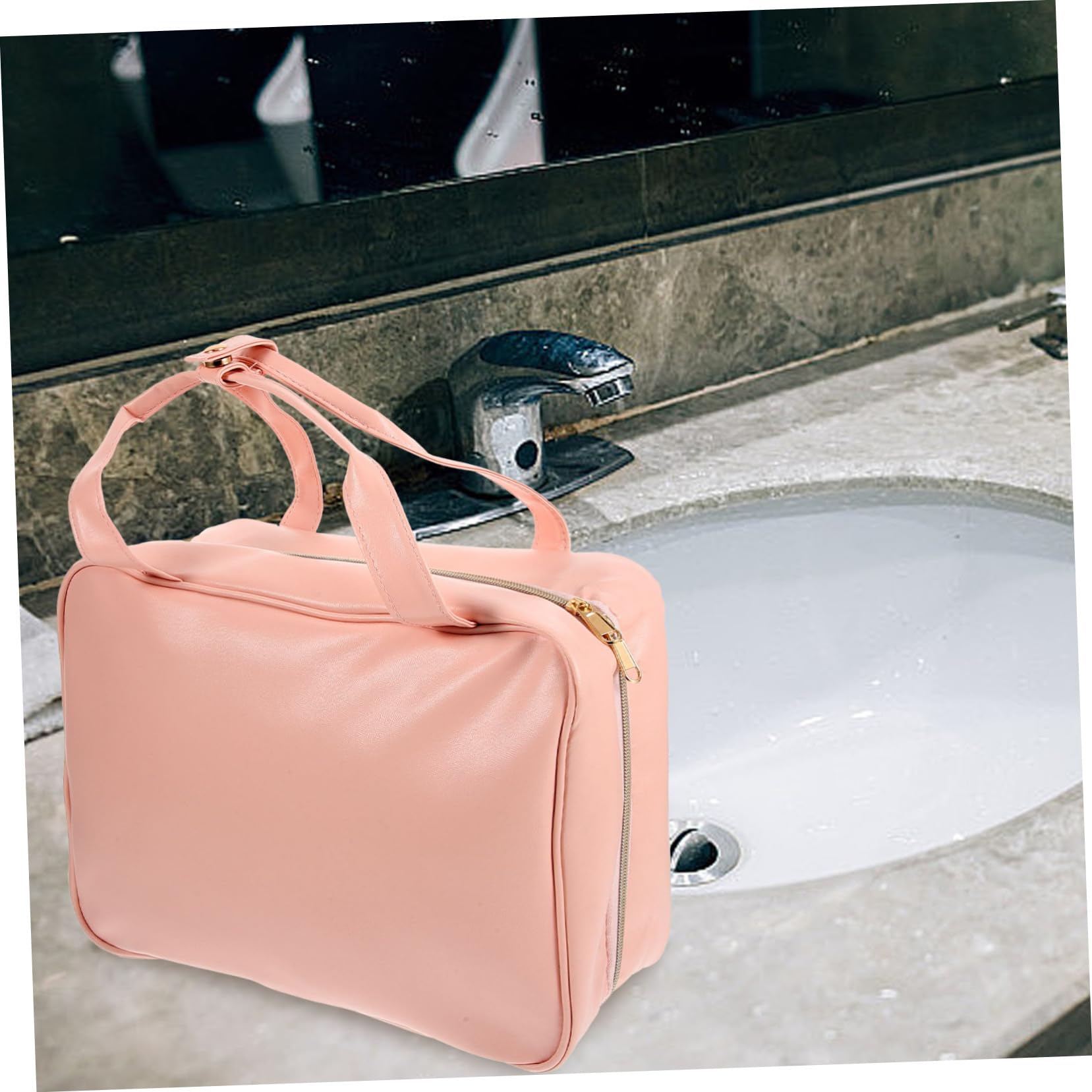 Borsa da Viaggio per Toilette Design Sospeso, Rosa in Pu | Organizer Capiente Scomparti Multipli e Tasche, Manico Integrato, Stile Raffinato per Spostamenti